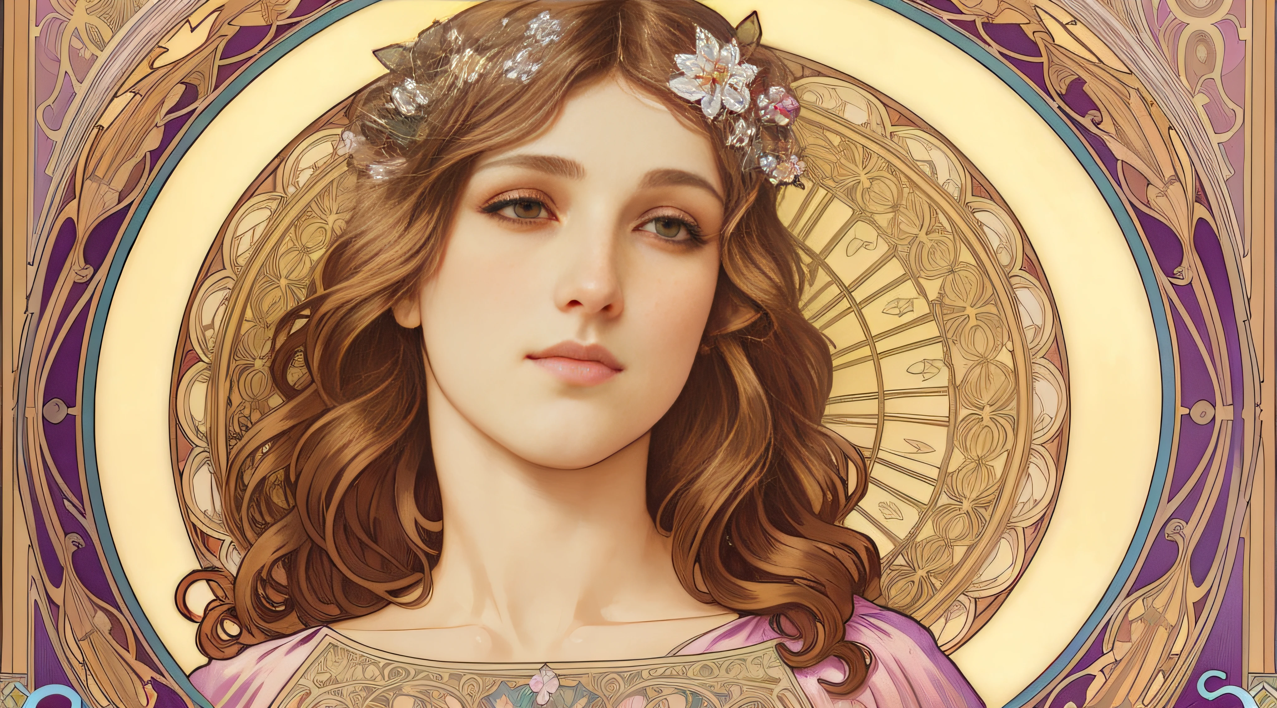 uma pintura de uma mulher com uma coroa de flores no cabelo, mucha estilo 4k, Art Nouveau hiperrealista, Raphaelite e Mucha, Sombra plana cel mucha, sombreamento plano mucha, Raphaelite e Alphonse Mucha, Estilo Alphonse Mucha, Retrato Art Nouveau, Alsphonse muito, Artem Demura Alphonse Mucha, Alphonse Mucha. altamente detalhado