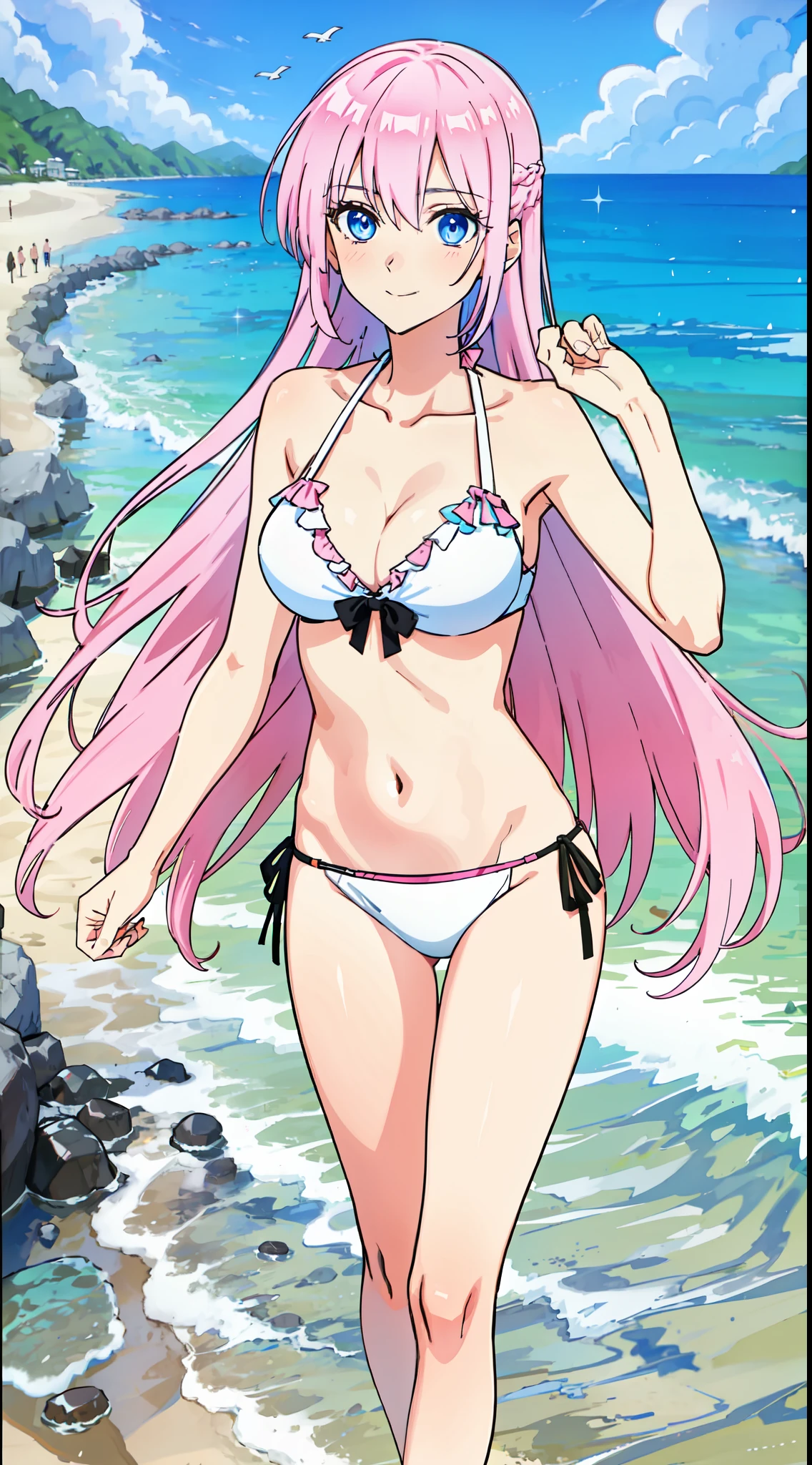 shikimori, slim legs, beautiful eyes, blue eyes, nervous, pink hair, long hair, white side tie bikini, beach