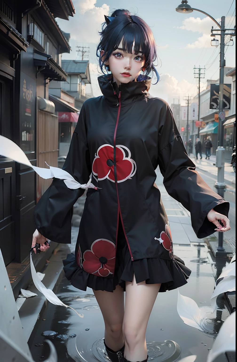 1girl, konan akatsuki, blue hair, short hair, black eyes, black clothes, realistic, ultra detail