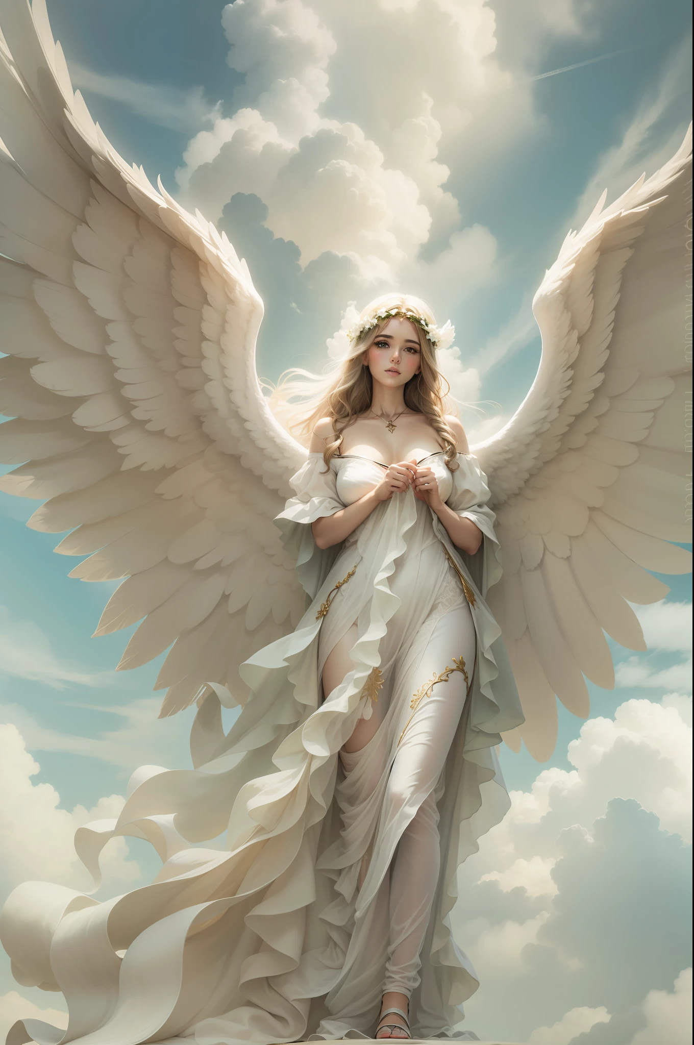 Create an angelic scenario, divino, sobrenatural, com nuvens,