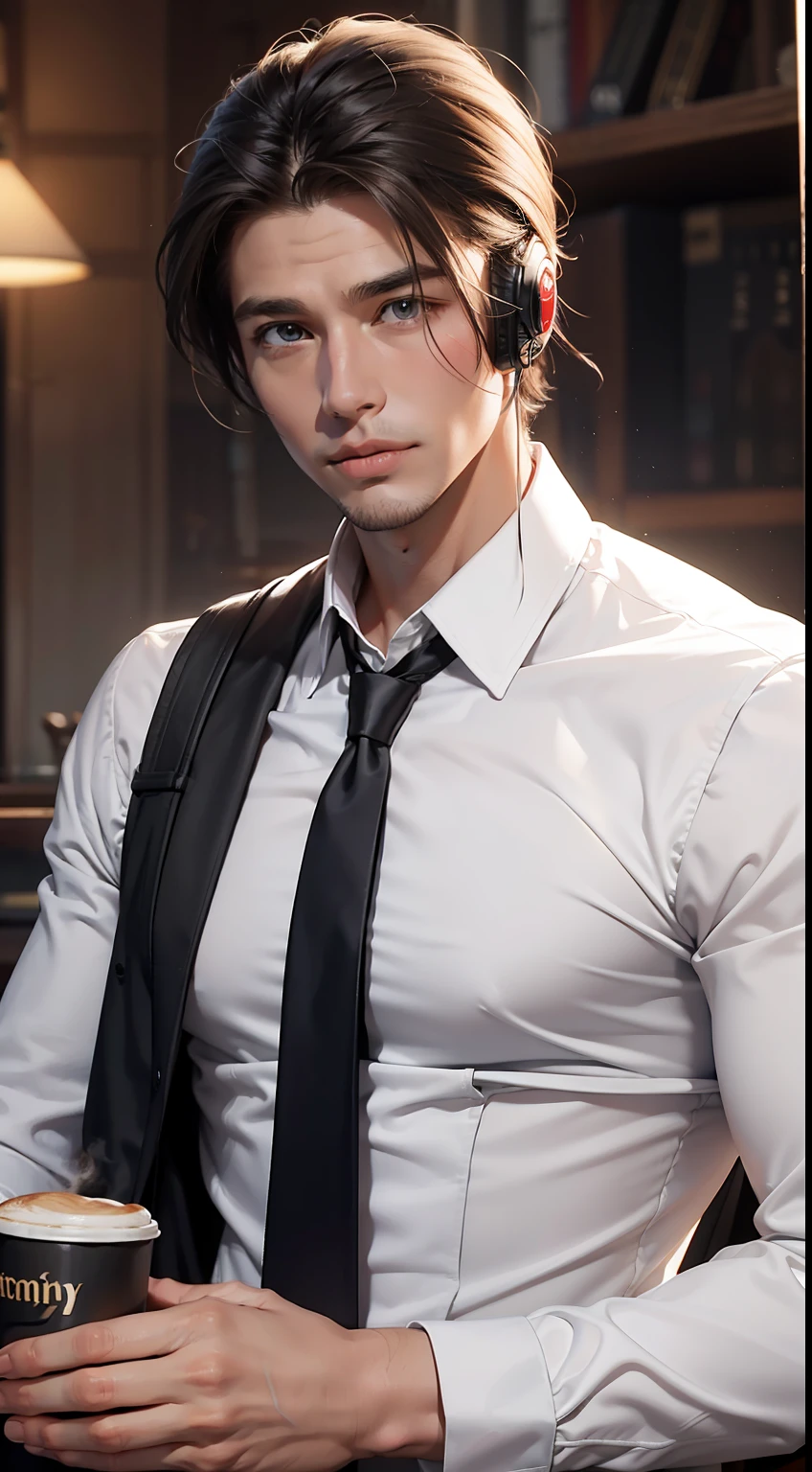 1man，A 30-year-old muscular male，Wear a long-sleeved white shirt and tie，drinking a coffee，gentlesoftlighting，tmasterpiece，best qualtiy，8K UHD，Wear white headphones，digital SLR camera，filmgrain，Fujifilm XT3 realistic painting art by Midjourney and Greg Rutkowski