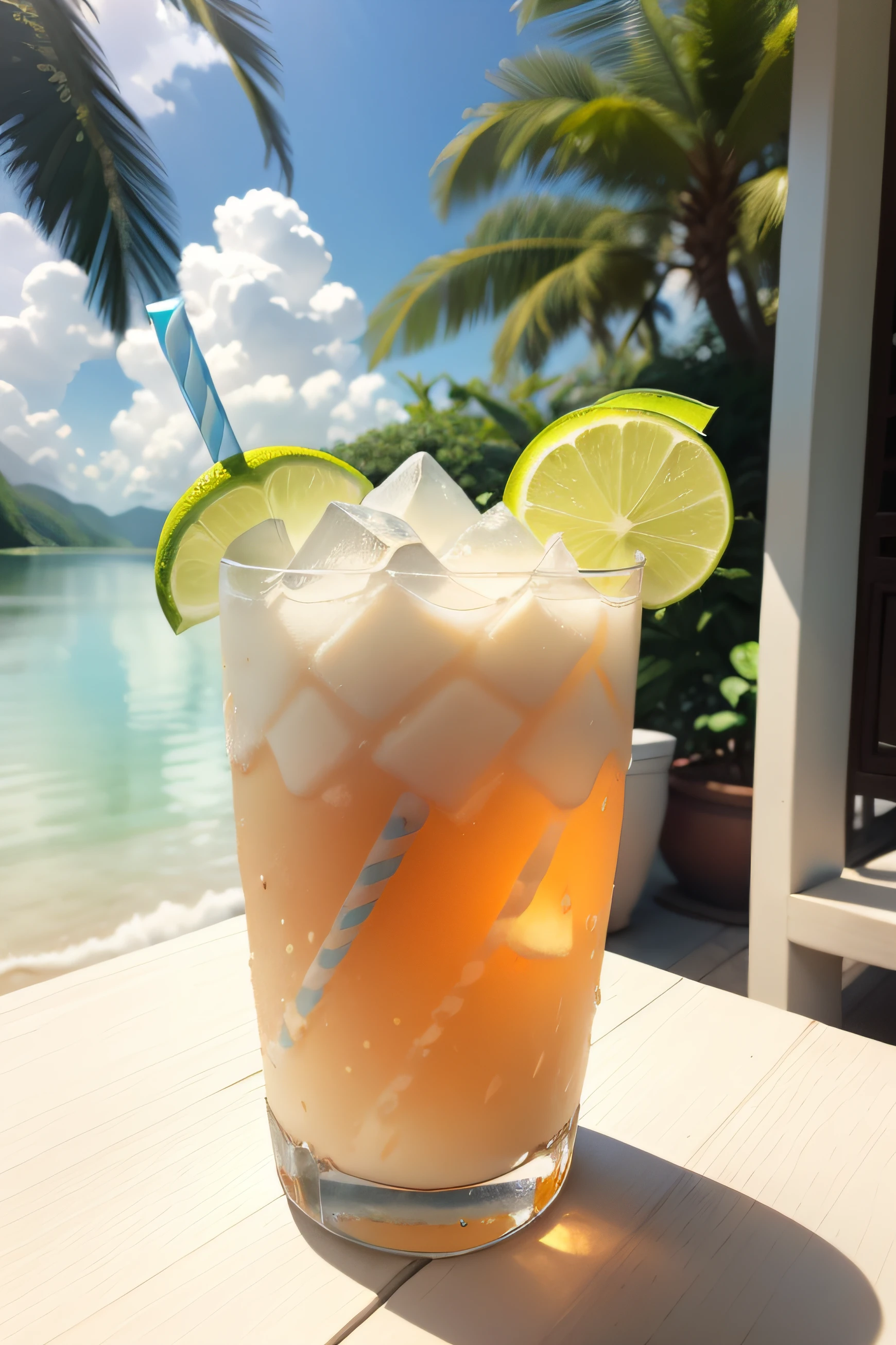 (Chinese beauty) A soft drink made of coconut juice, ice cubes, and coconut juice. Milky white turns white. Very cool. There are colored straws and ice cubes, placed on green leaves, outdoors, a clear blue sky, beautiful clouds