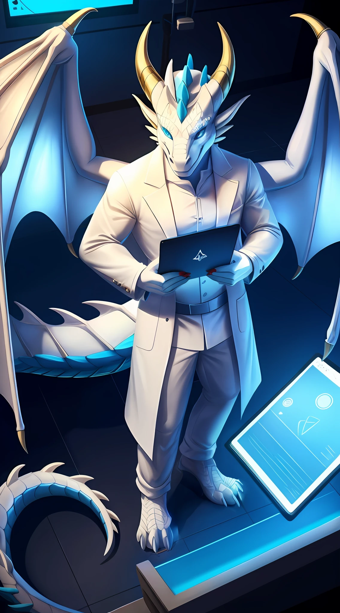 drak，Dragon tail，faucet，Dragon claws，Height 196，Dragon's horn，The body is mainly white，filigree，Only wearing a white coat，finely detailed paws，ssmile，Wearing a white coat，Hold the tablet，In the lab，ambient lights，Blue vertical pupils，full bodyesbian，White dragon wings，Top angle of view，Fine scales