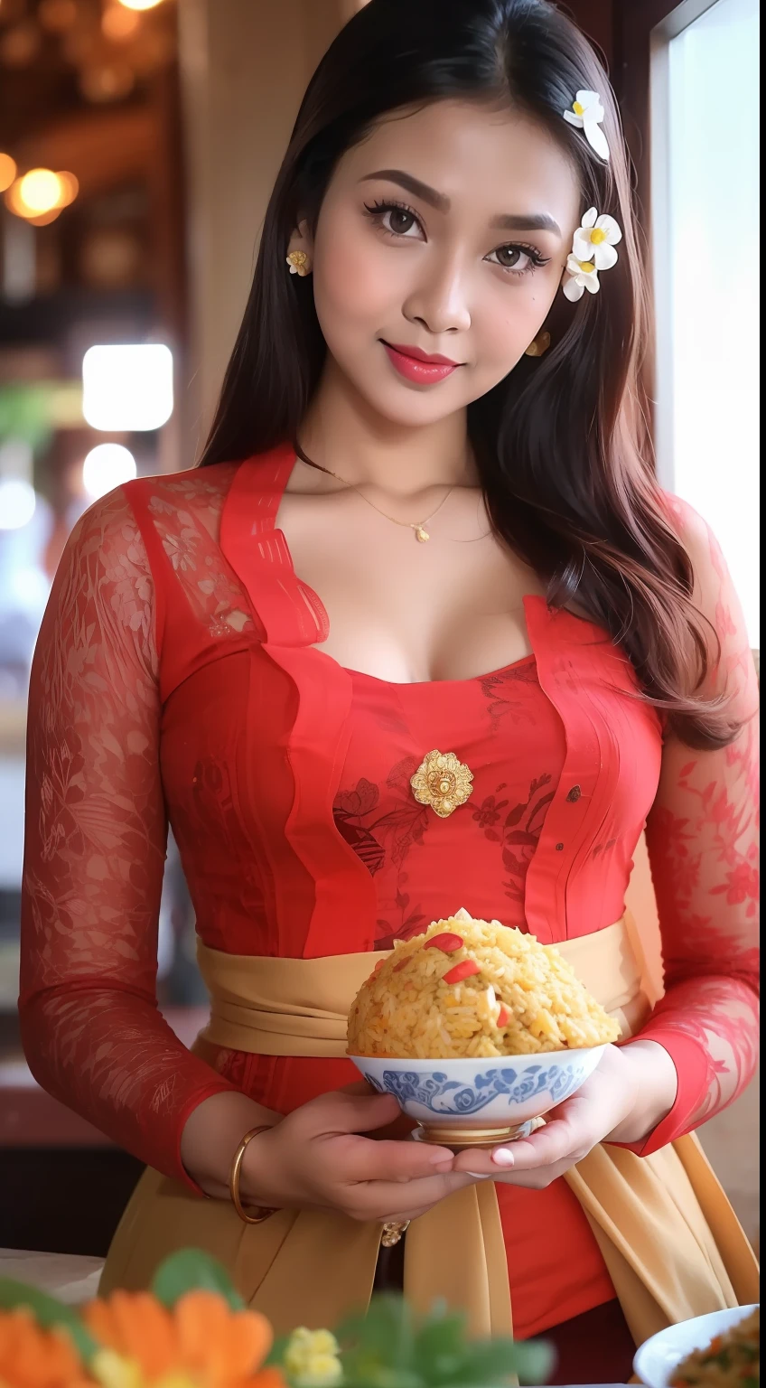 8k portrait of beautiful cyborg with brown hair, ((eating Fried rice)), sitting, table, photography, portrait of gadis_jelita wearing kebaya_bali in red_kebaya_bali, red lipstick, detail, flowers, blurry background, soft focus, (masterpiece, sidelighting, finely detailed beautiful eyes: 1.2), hdr