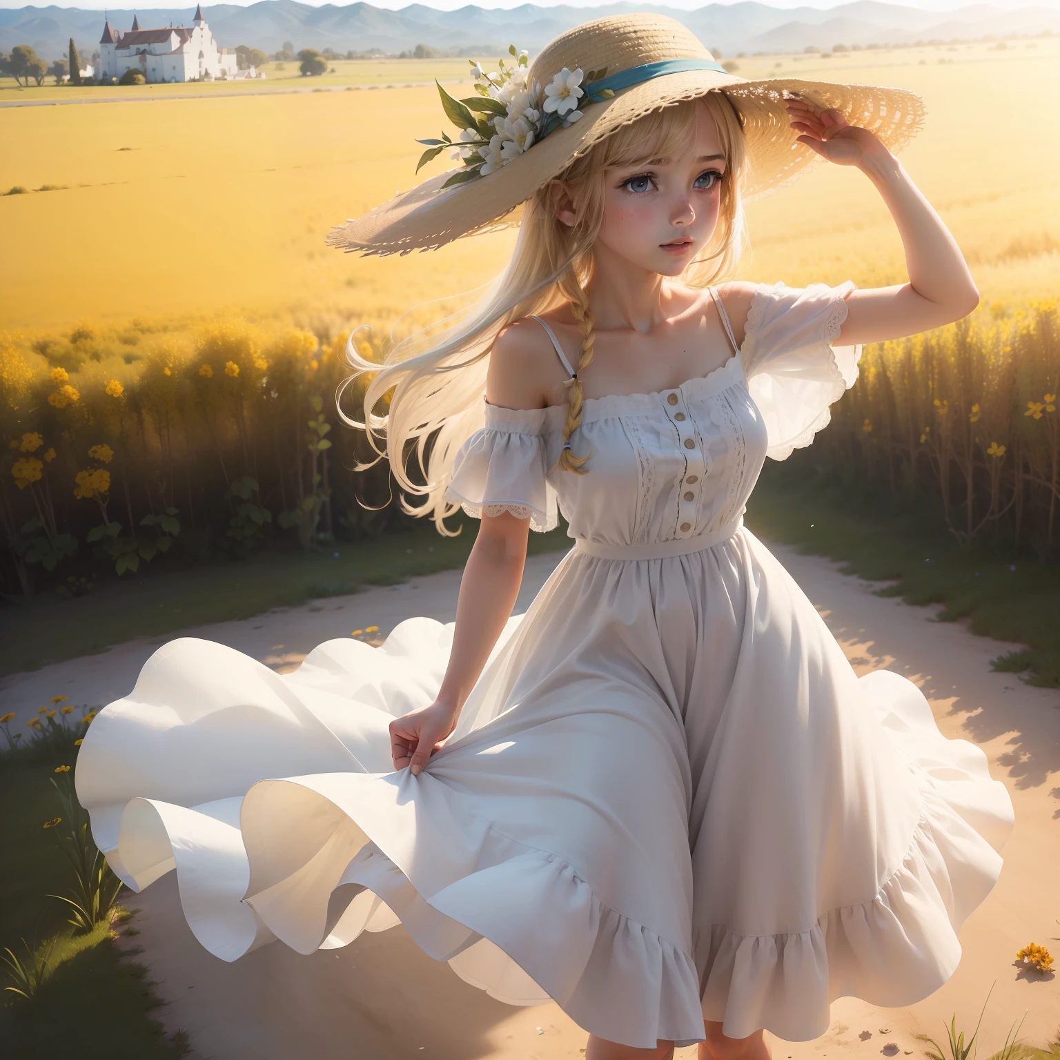 ((Una adorable teenager rubia con flores en el pelo,Jean baptiste Monk estilo, Mary Blair ,Caminando en un campo de LAVANDAS ,Ella lleva un vestido blanco  VAPOROSO, SEDA, BRODERIE,ENCAJE,VOLADOS,con flores BORDADAS multicolores MUY DELICADAS COLORES suaves, and a hat made of THE SAME FABRIC WITH A SMALL SPRIG OF SMALL FLOWERS,The midday sun shines, y el cielo es azul. Hay un  CASTILLO en el horizonte lejano, Mountains )) ((Al aire libre para Sergey Kuleshov)) ((aceite)) ((Beautiful)) ((sereno)) ((celestial)) ((peaceful)) ((nostalgia)) ((Nostalgic)) ((obra maestra)) ((mejor)) ((Altamente detallado)) ((4k)) ((pictorial)),destino/Antecedentes de la estancia