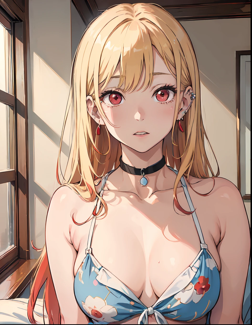 (masterpiece, best quality), Marin Kitagawa, beautiful girl, blonde hair, choker, ear piercing, earrings, long hair, piercing, (red eyes:1.5), straight hair, swept bangs, adult, bed, big chest