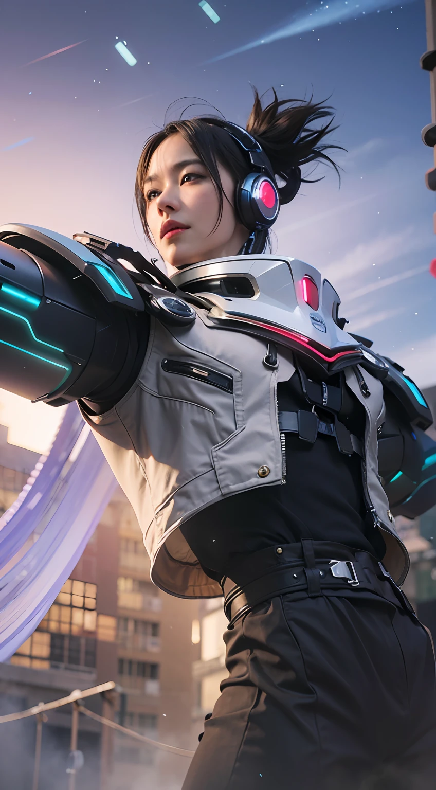(8k, best quality, masterpiece:1.2), (realistic, photo-realistic:1.37), ultra-detailed,
A detailed portrait of 1 mechanical boy, realistic mouth, realistic eyes, detail face, pale skin, face facing the camera, wearing a robot costume, black cable hair, his hands light up, use headphones. The scene is illuminated with professional lighting, photon mapping, and radiosity, with Tetsuya Nomura Style and a cyber-futuristic feel. Urban background with blur or bokeh effect, neon details, realistic light, glowing hands.