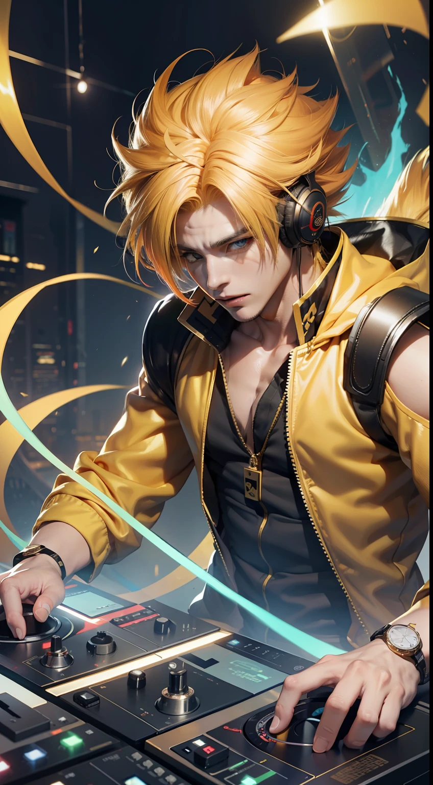 tmasterpiece，best qualityer，Wukong，SuperSaiyan，A yellow-haired，Golden robe，Wear DJ headphones