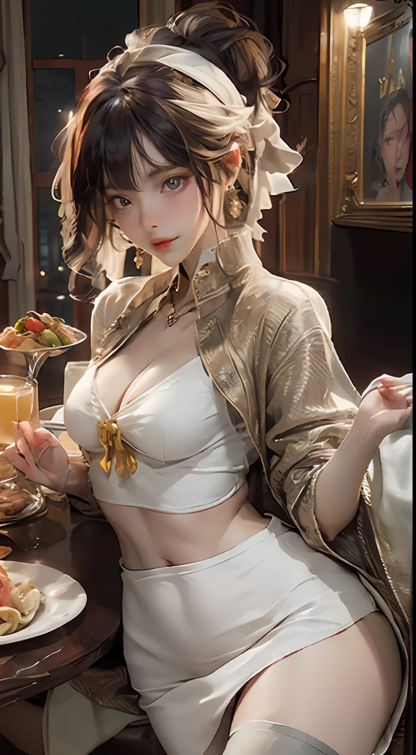 eating dinner, dinner in a restaurant, night time, pasta on table, black color pants, white color top, head and full body, Extremely cute human  girl, bare legs, very beautiful and feminine, short, petite, beautiful breast, small, busty buttocks, large bust, large breast, bare legs, bare legs, cleavage display, split skirt, flat belly display, detailed eyes, detailed nose, super detailed on face, partial accessory with earring on the ear, very stylish, award-winning product design, tights, split skirt, bare legs, Shiny breast top opens at the cleavage and abdomen, stylish, glowing trims, atmospheric perspective, 8k, super detail, Accurate, best quality,