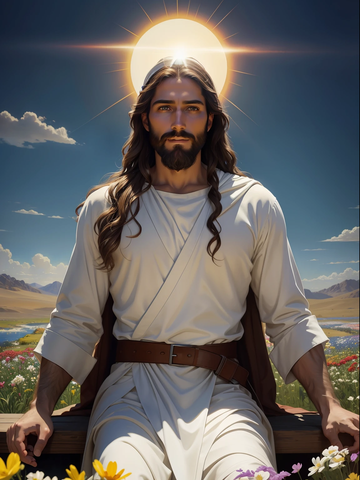 A beautiful ultra-thin realistic portrait of Jesus the prophet, a 33 year old Hebrew man, long brown hair, long brown beard, Jesus is sitting in a field of flowers, with his arms open, the sky is blue and the sun is shining. The flowers are of many colors including red, yellow, blue and white, Jesus is dressed in white and has a white light around his head, He is smiling and looking at the viewer in the white robe, in front view, sitting, open arms, biblical, realistic, desert intricate detail, by abbott fuller grave, bartolome esteban murillo, jc leyendecker, craig mullins, peter paul rubens, (caravaggio), trend in artstation, 8k, Concept Art, PhotoRealistic, Realistic, Illustration , Oil painting, Surrealism, Hyperrealistic, brushes, Digital art, style, watercolor