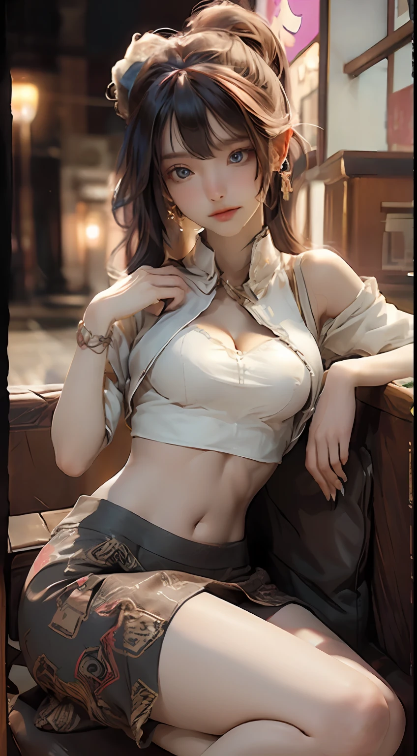 eating dinner, dinner in a restaurant, night time, pasta on table, black color pants, white color top, head and full body, Extremely cute human eighteen year old girl, bare legs, very beautiful and feminine, short, petite, beautiful breast, small, busty buttocks, large bust, large breast, bare legs, bare legs, cleavage display, split skirt, flat belly display, detailed eyes, detailed nose, super detailed on face, partial accessory with earring on the ear, very stylish, award-winning product design, tights, split skirt, bare legs, Shiny breast top opens at the cleavage and abdomen, stylish, glowing trims, atmospheric perspective, 8k, super detail, Accurate, best quality,