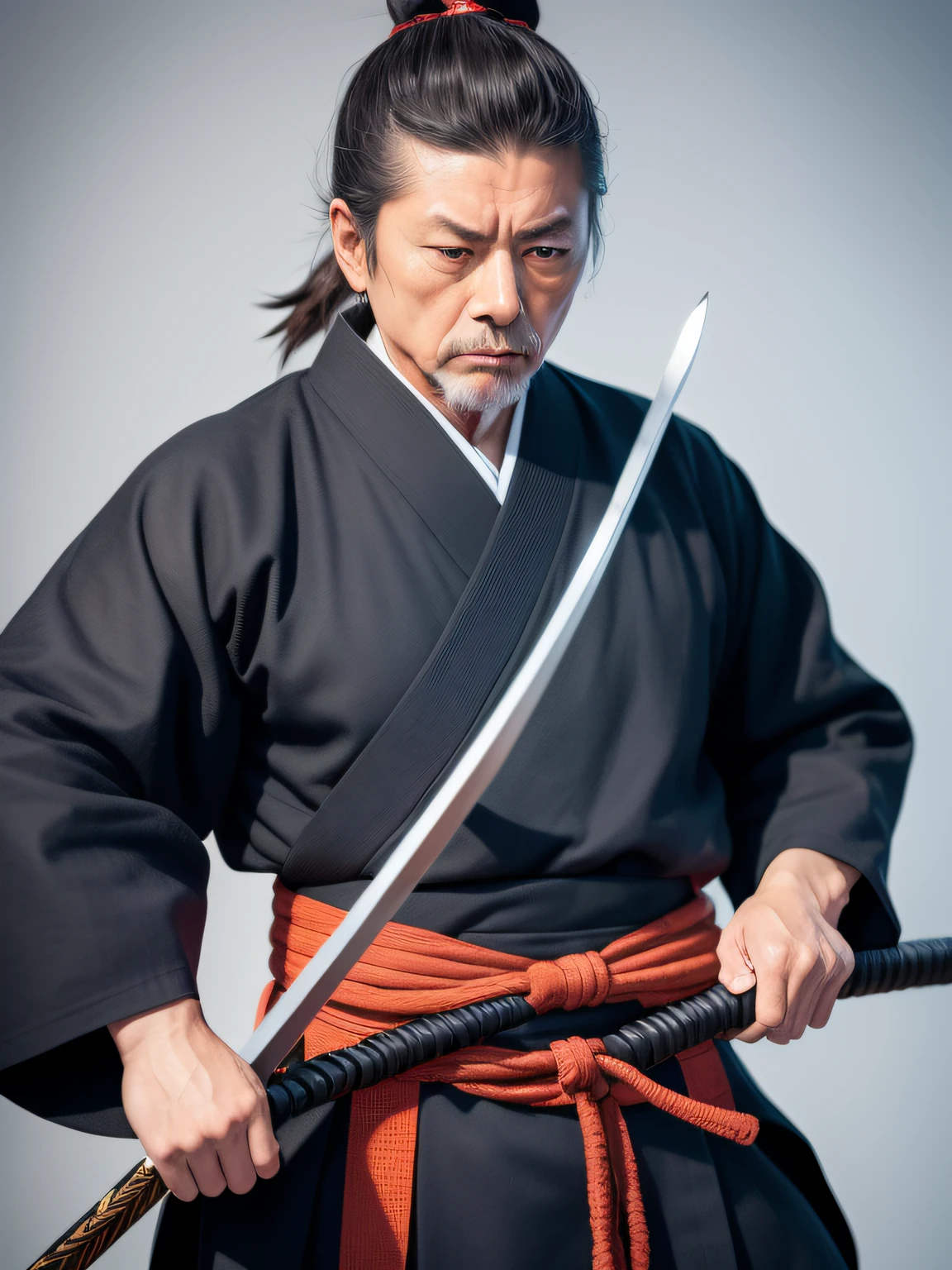 In this captivating portrayal, Miyamoto Musashi, the legendary Japanese swordsman and philosopher, stands with an air of stoic determination. His attire reflects the traditional clothing of a samurai, while his hands rest confidently on the hilt of his katana. Musashi's piercing gaze exudes wisdom and inner strength, a testament to his unparalleled mastery of martial arts and profound understanding of the way of the sword. This powerful image captures the essence of Musashi's legendary status and his unwavering commitment to self-discipline and the pursuit of excellence. It invites viewers to contemplate the principles of bushido and the path of a true warrior, inspiring admiration for the timeless legacy of Miyamoto Musashi.