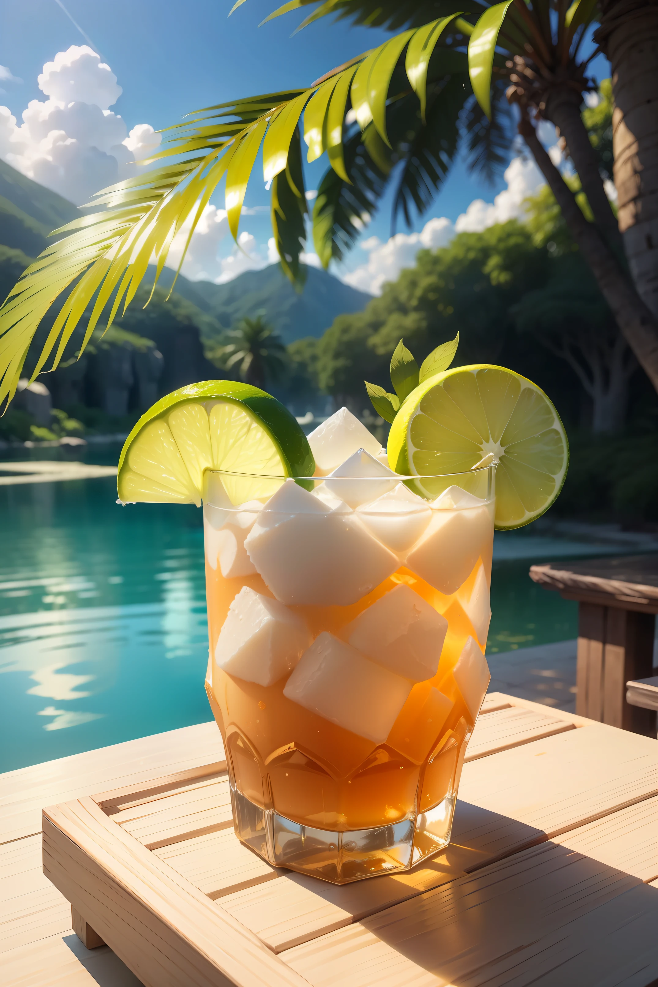 (Chinese beauty) A soft drink made of coconut juice, ice cubes, and coconut juice. Milky white turns white. Very cool. There are colored straws and ice cubes, placed on green leaves, outdoors, a clear blue sky, beautiful clouds