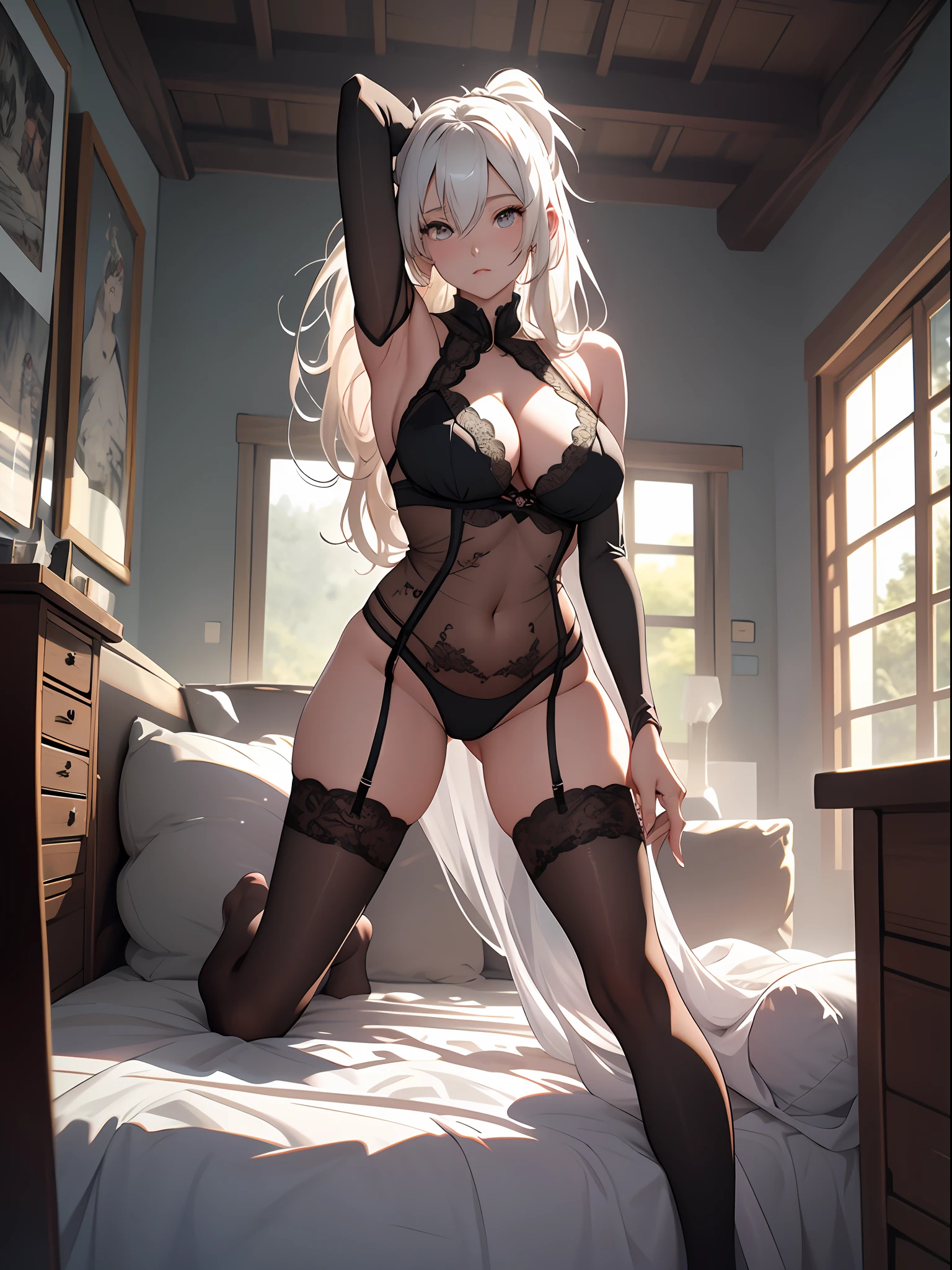 8k, RAW photos, best qualtiy, tmasterpiece, High-detail RAW color photos, profesional photo, (realisticlying, realisticlying:1.37), (highdetailskin:1.2), A high resolution, eyes in beautiful detail, (Beautiful and meticulous girl with infinite desire),1girll,独奏,(Lori huge breasts cleavage),详细的脸,fully body photo,Girl Focus,long whitr hair,(white color hair),Lie down on the bed and stretch your limbs,Hold your body with your hands back,Leaning back, legs spread forward,light wind ,Flesh-colored lace stockings, Two-dimensional style, ((Open your legs)),Lie down with your legs facing the camera,Double ponytail with long white hair,Full body photo highlights legs,without wearing shoes,Shelcomer loose gauze lace pajamas,and wear no underwear,Bust exposed,Bohemian character,In