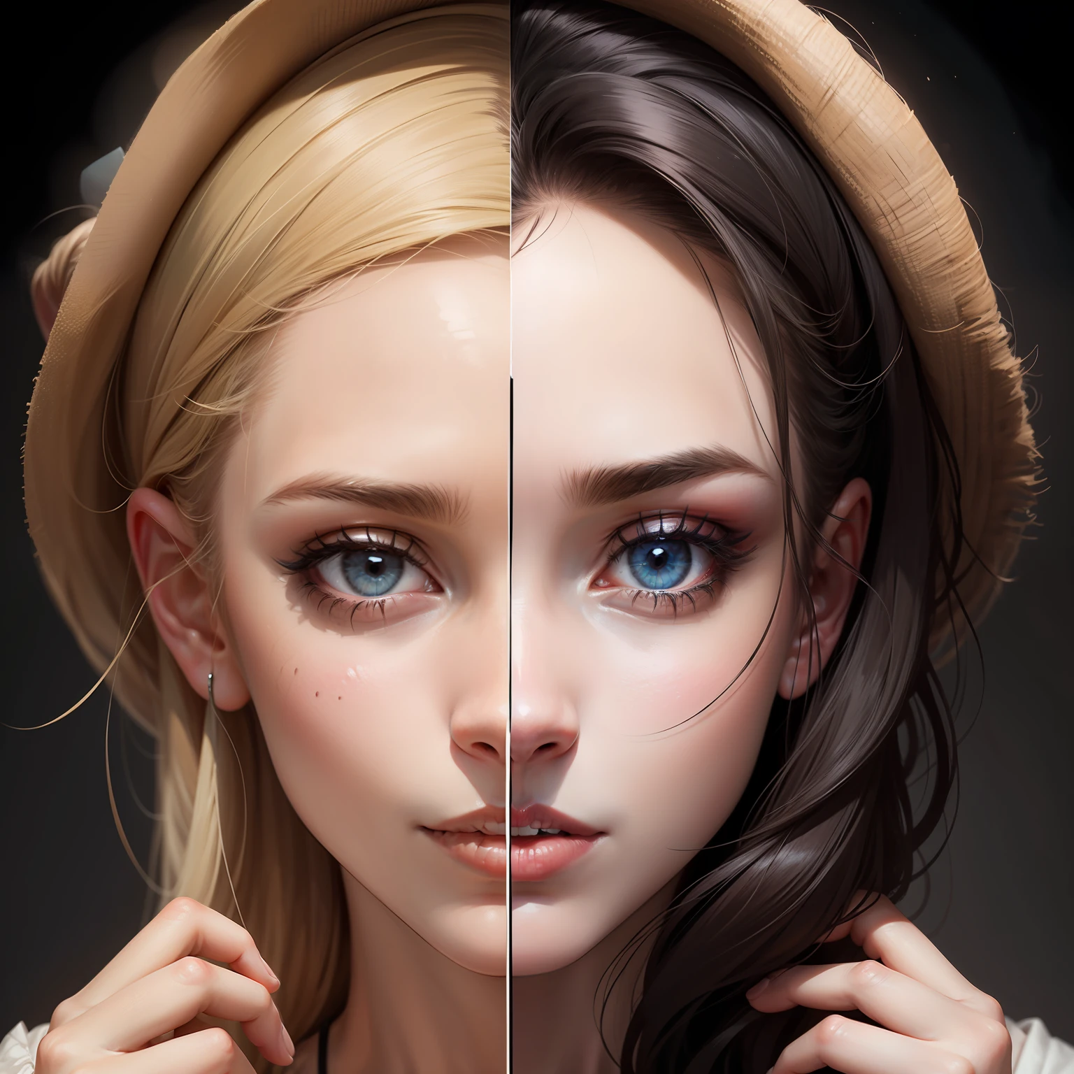 detailed portrait divided in half the face of a man the other half the face of
a woman who fit perfectly made a puzzle