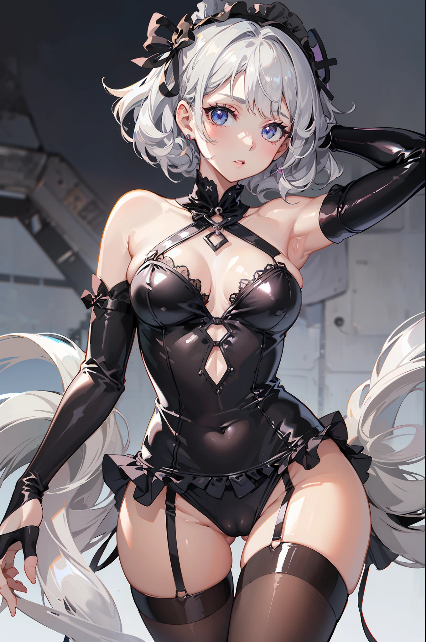 1girl in, ((Shiny skin)), (Silver hair), ((Open thighs)), Body climax, NSFW, ((Black ta)), neons, Look at viewers, face to viewer,((Short hair)), (Curly hair),(( close-up)),(high-heels), small udder,Upper body naked