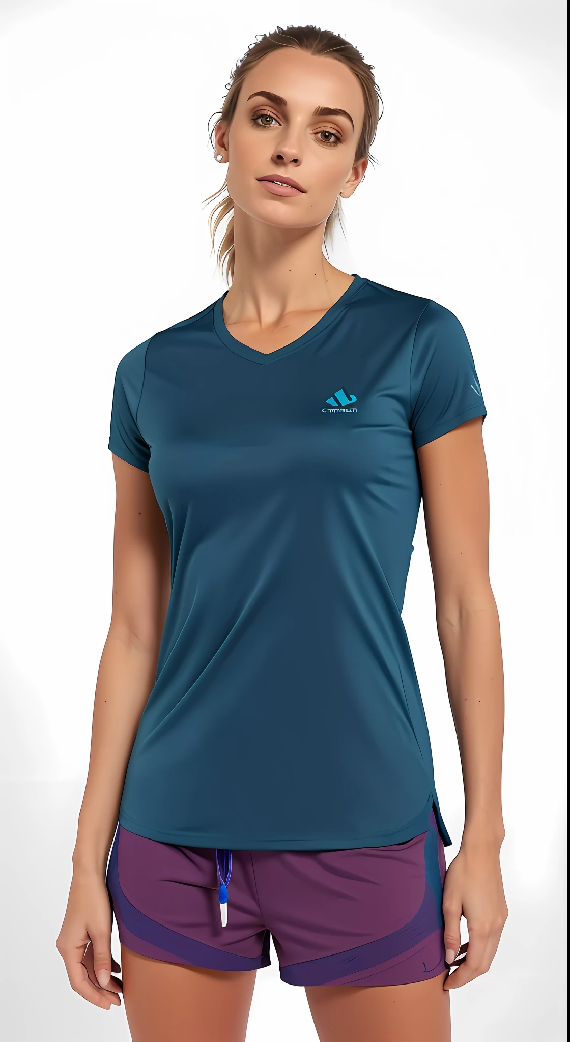 uma mulher linda, muito bonita de camisa azul e shorts esportivo roxa sorri, tshirt azul apertada, mangas curtas, camiseta esportiva, camisa azul escura, azul-marinho, camisa da marinha, camisa apertada, em uma camisa polo escura, camisa azul, teal escuro, t-topo, upper body visible, roupas casuais modernas, vestindo uma camiseta, imagem central, azul-marinho