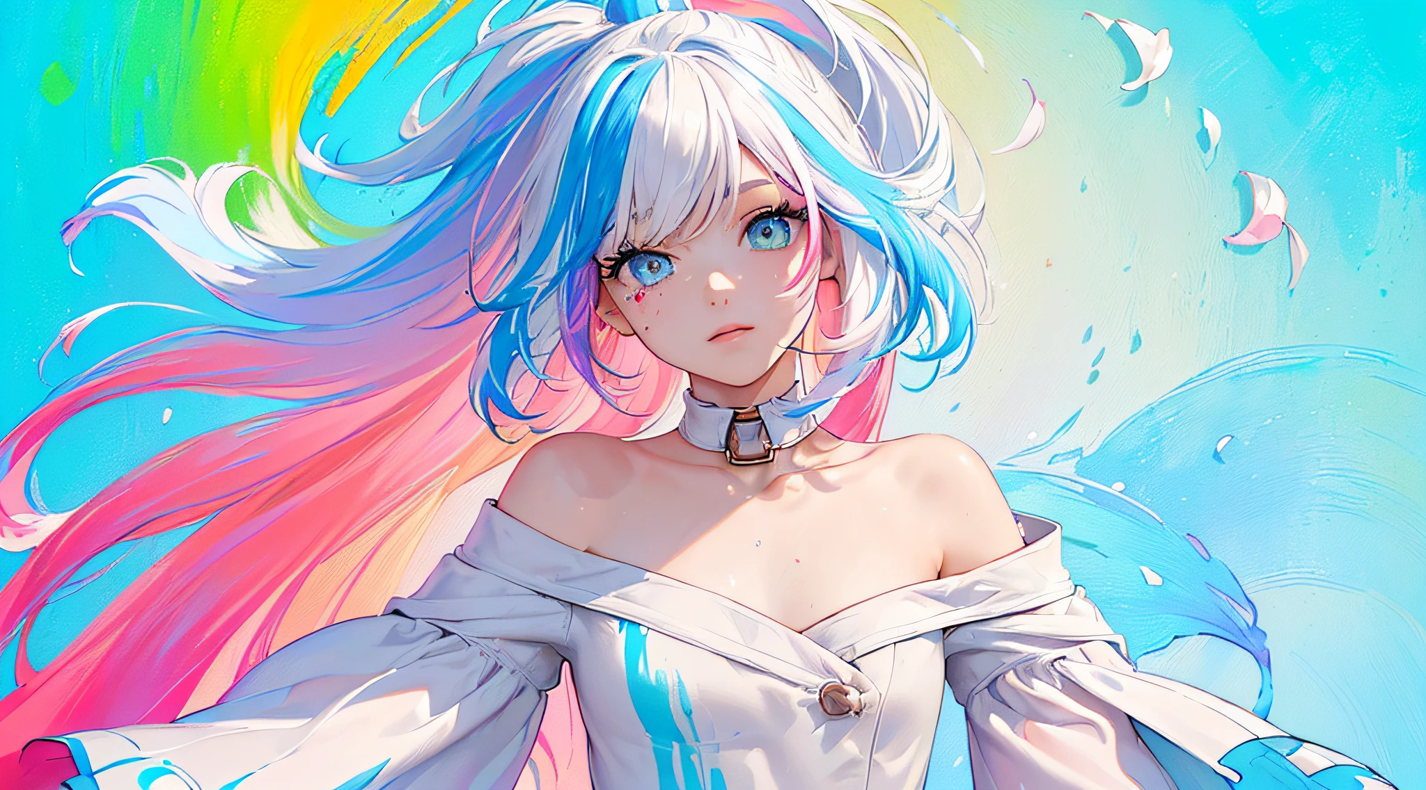 (Pink Fashion T-shirt:1.9),(Colorful hair: 1.8), (all the colours of the rainbow: 1.8),(((((vertical painting:1.6))), (painting:1.6),front, comics, illustrations, paintings, large eyes, crystal clear eyes,( rainbow color gradient high ponytail:1.7), exquisite makeup, closed mouth,(Small Fresh: 1.5),(Wipe Chest: 1.6) ,long eyelashes, white off shoulder T-shirt, White Shoulder Shirt,looking at the audience, large watery eyes, (rainbow colored hair:1.6), color splash, (solo:1.8), color splash, color explosion, thick paint style, messy lines, ((shining)),(colorful), (colorful), (colorful), colorful, Thick Paint Style, (Splash) (Color Splash), Vertical Painting, Upper Body, Paint Splash, Acrylic Pigment, Gradient, Paint, Highest Image Quality, Highest Quality, Masterpiece, Solo, Depth of Field, Face Paint, colorful clothes, (Elegant: 1.2), gorgeous,long hair, wind, (Elegant: 1.3), (Petals: 1.4),(((masterpiece))),(((best quality))),((ultra-detailed)),(illustration),(dynamic angle),((floating)),(paint),((disheveled hair)),(solo),(1girl) , (((detailed anima face))),((beautiful detailed face)),collar,bare shoulders,white hair, ((colorful hair)),((streaked hair)),beautiful detailed eyes,(Gradient color eyes),(((colorful eyes))),(((colorful background))),(((high saturation))),(((surrounded by colorful splashes))),