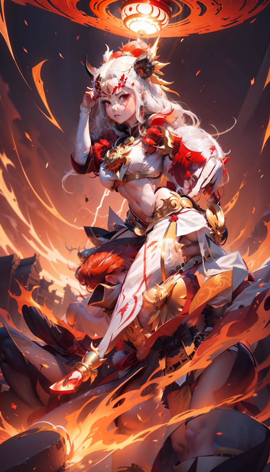 female oni posing, red skin oni, long white hair, golden crown crest on head, giant prayer beads, Japanese sumo cloth, lightning theme, sailor moon pose, golden leggings, sexy