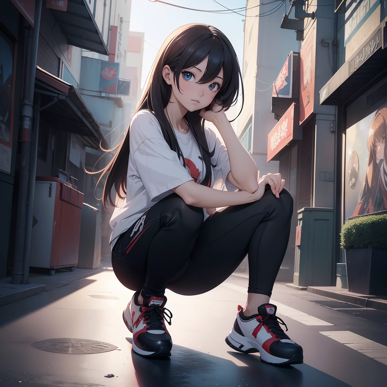 (masterpiece, best quality, ultradetailed, 8k, wallpaper, photorealistic), full body, 1 girl, perfect body, perfect anatomy, perfect hands, long round legs, short red-haired girl in a white fitted printed shirt and black pants riding a skateboard, smooth anime cg art, anime style. 8k, realistic anime 3 d style, high-quality anime art style, digital anime art, Ross tran style, realistic anime art style, style anime, modern anime style, the anime girl is crouching