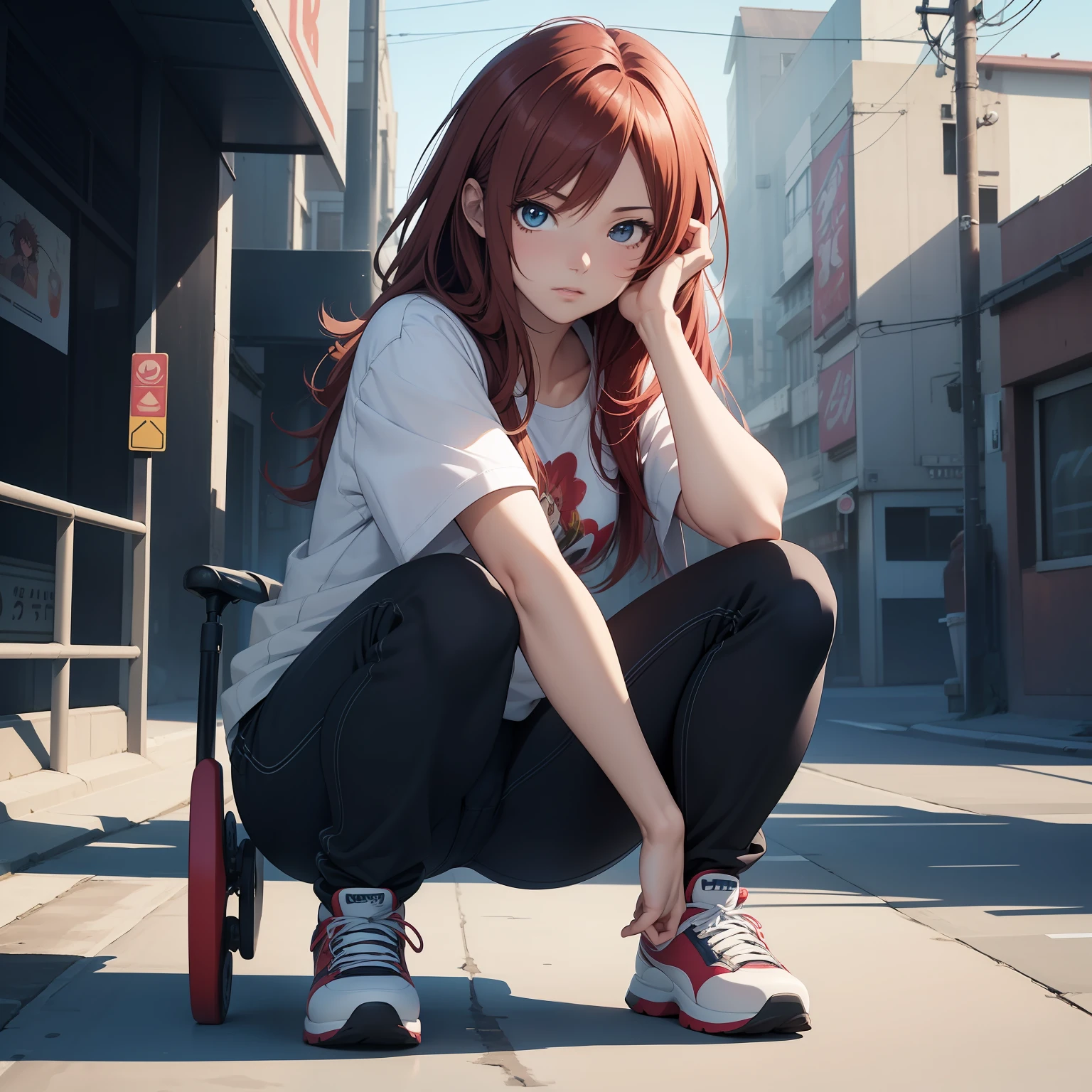 (masterpiece, best quality, ultradetailed, 8k, wallpaper, photorealistic), full body, 1 girl, perfect body, perfect anatomy, perfect hands, long round legs, short red-haired girl in a white fitted printed shirt and black pants riding a skateboard, smooth anime cg art, anime style. 8k, realistic anime 3 d style, high-quality anime art style, digital anime art, Ross tran style, realistic anime art style, style anime, modern anime style, the anime girl is crouching