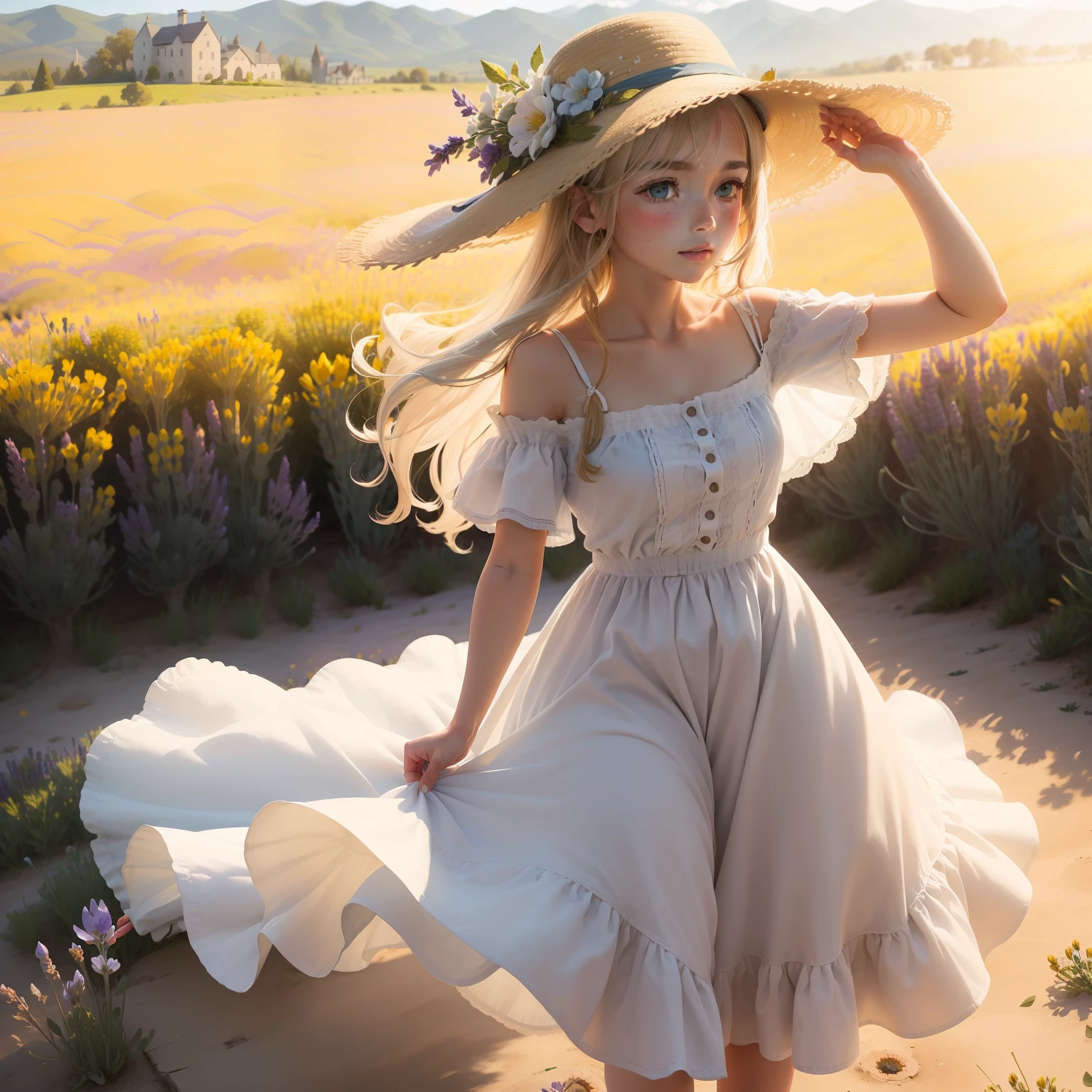 ((Una adorable ager rubia con flores en el pelo,Jean baptiste Monge  estilo, Mary Blair ,Caminando en un (((campo de flores de LAVANDA )))Ella lleva un vestido blanco  VAPOROSO, SEDA, BRODERIE,ENCAJE,VOLADOS,con flores BORDADAS multicolores MUY DELICADAS COLORES suaves, and a hat made of THE SAME FABRIC WITH A SMALL SPRIG OF SMALL FLOWERS,The midday sun shines, y el cielo es azul. Hay un  CASTILLO en el horizonte lejano, Mountains )) ((Al aire libre para Sergey Kuleshov)) ((aceite)) ((Beautiful)) ((sereno)) ((celestial)) ((peaceful)) ((ternura)) ((Paz)) ((obra maestra)) ((mejor)) ((Altamente detallado)) ((4k)) ((pictorial)),destino/