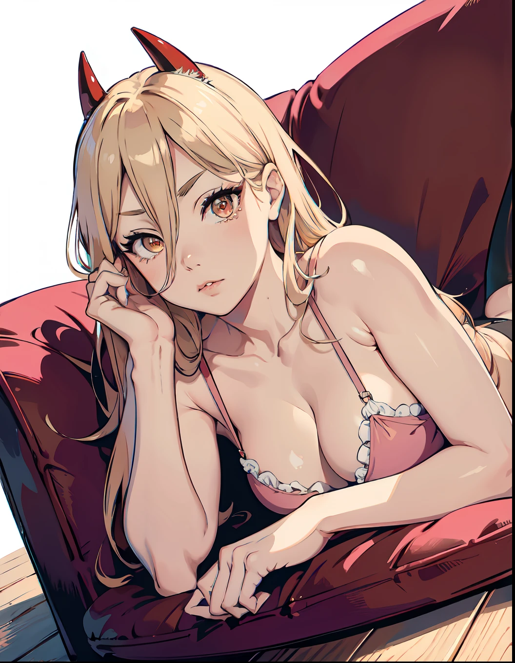 (masterpiece, best quality), power, red horns, beautiful girl, lying down, (detailed beautiful eyes) underwear, full body shot, long blonde hair, pink eyes, visible bellybutton