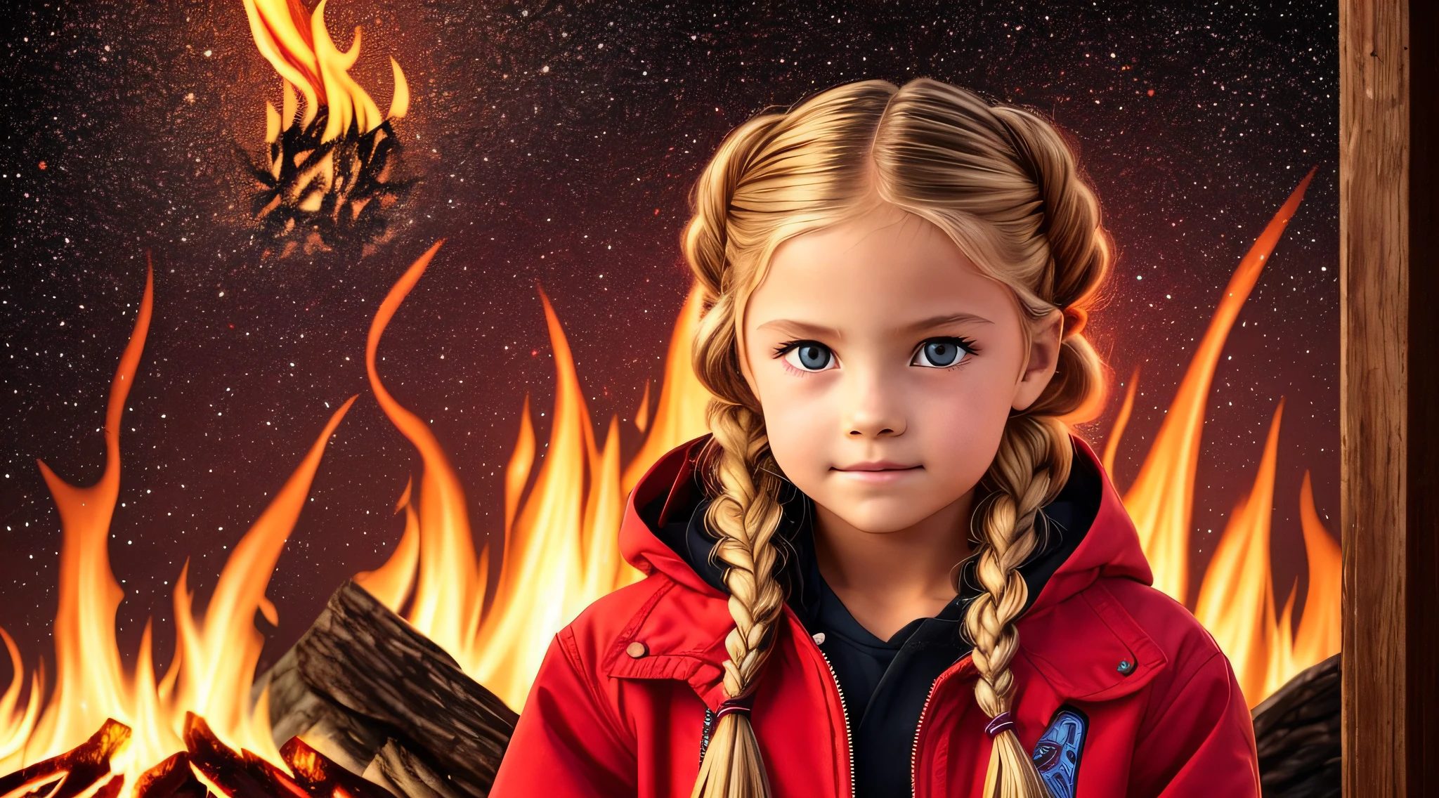 Girl , Russian blonde in braids, com roupa de jaqueta de couro vermelha, estilo retrato, flames are glowing in the dark with a reflection of the fire, chamas de fogo, chamas no fundo, fogo e chamas.