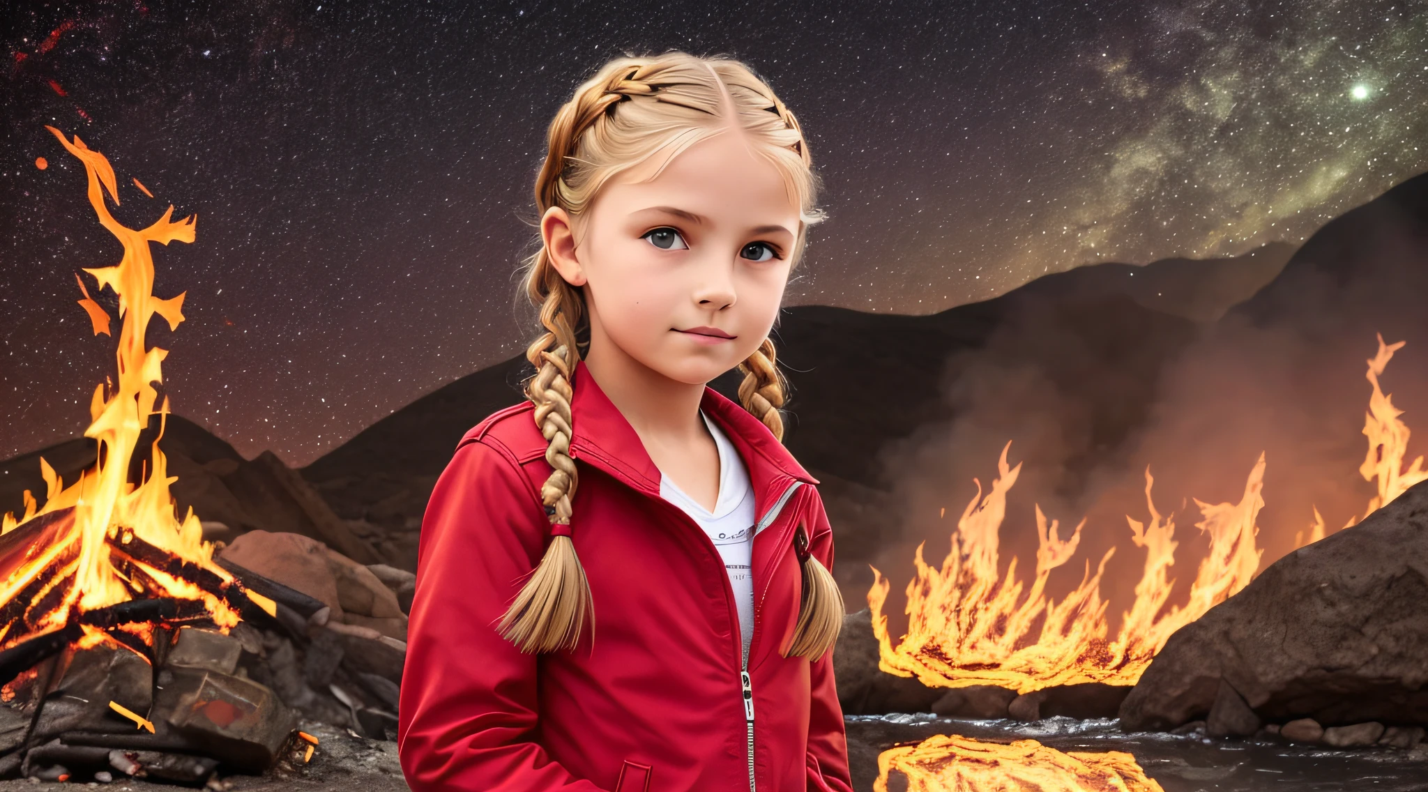 Girl child , Russian blonde in braids, com roupa de jaqueta de couro vermelha, estilo retrato, flames are glowing in the dark with a reflection of the fire, chamas de fogo, chamas no fundo, fogo e chamas.