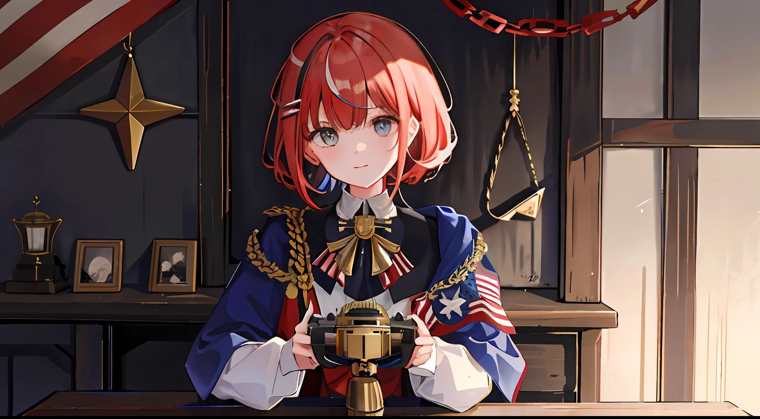 1girll, American flag，Doji decoration，Lunette de soleil，Machinary，Gatling，bold and unconstrained，short detailed hair，Military underwear，bloomer，Bullet chains，Domineering，4k