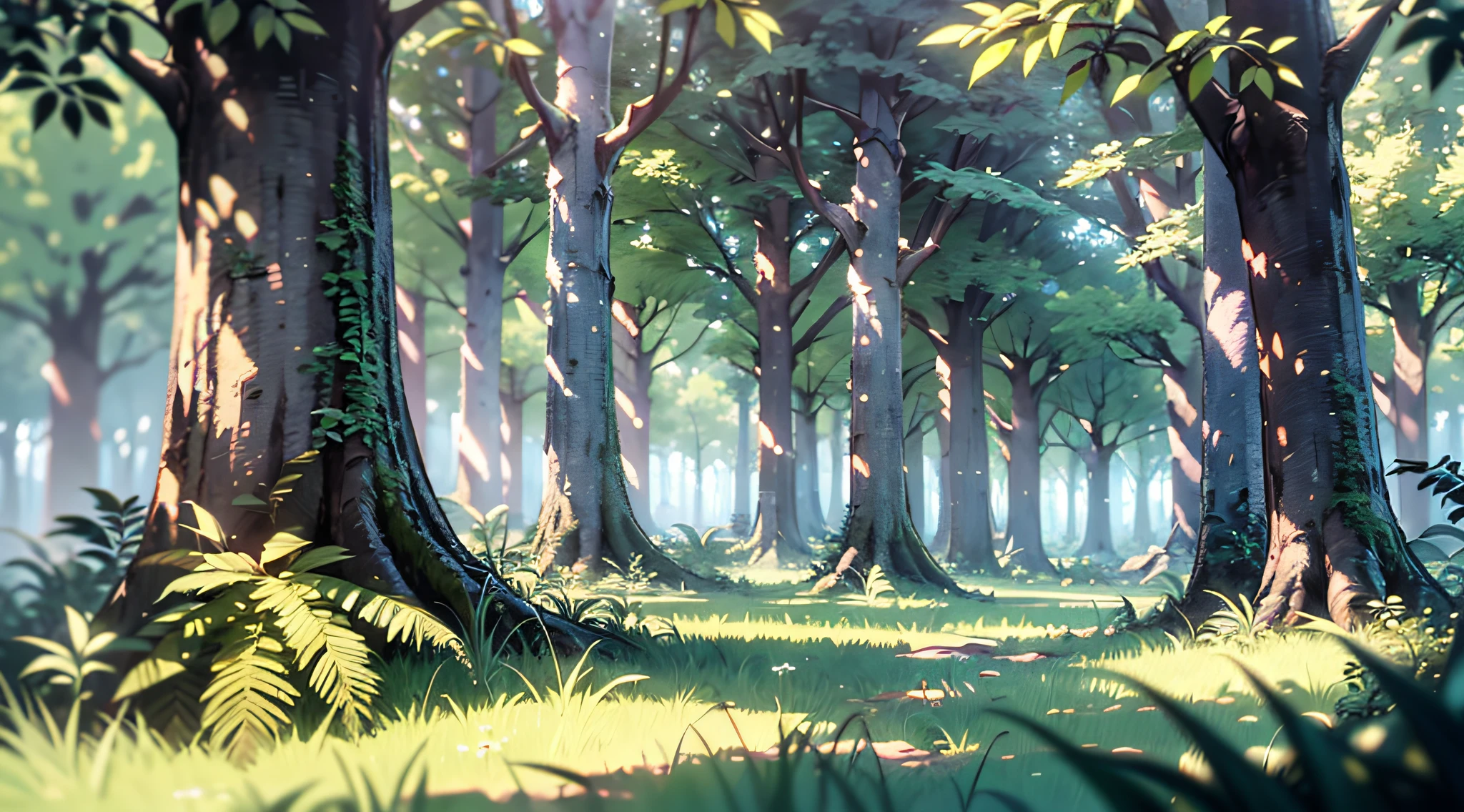 gentle, anime background art, clean lines, intricate details, serene, empty, high quality, raytracing video game, empty forest, overgrown, grassy ground, neutral plants, pine trees, vibrant, dense with trees, leaves on the ground, pretty, landscape wallpaper, deep forest, untouched nature, dense greenery, blurry foreground