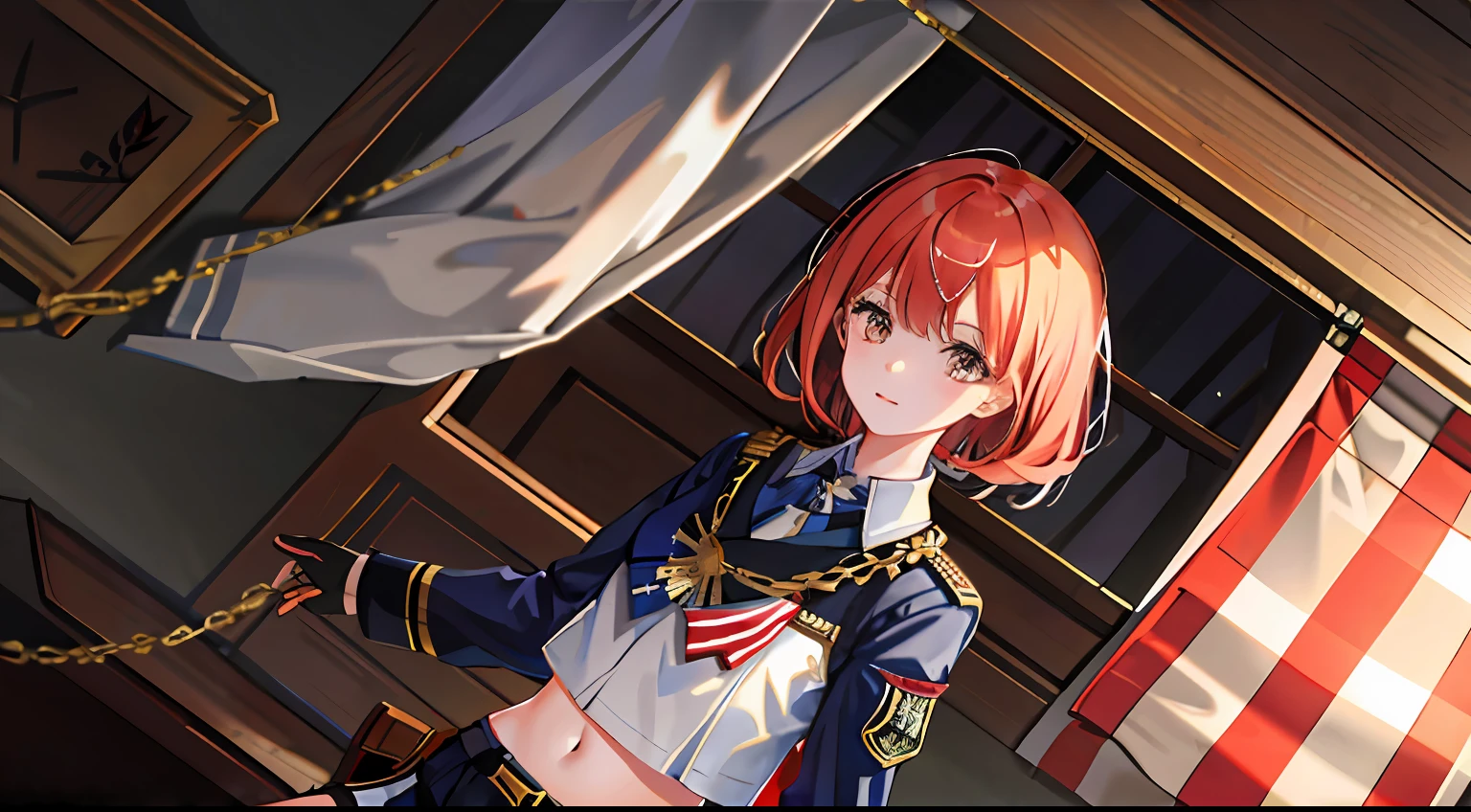 1girll, American flag,Doji decoration,Lunette de soleil,Machinary,Gatling,bold and unconstrained,short detailed hair,Military underwear,bloomer,Bullet chains,Domineering,4k