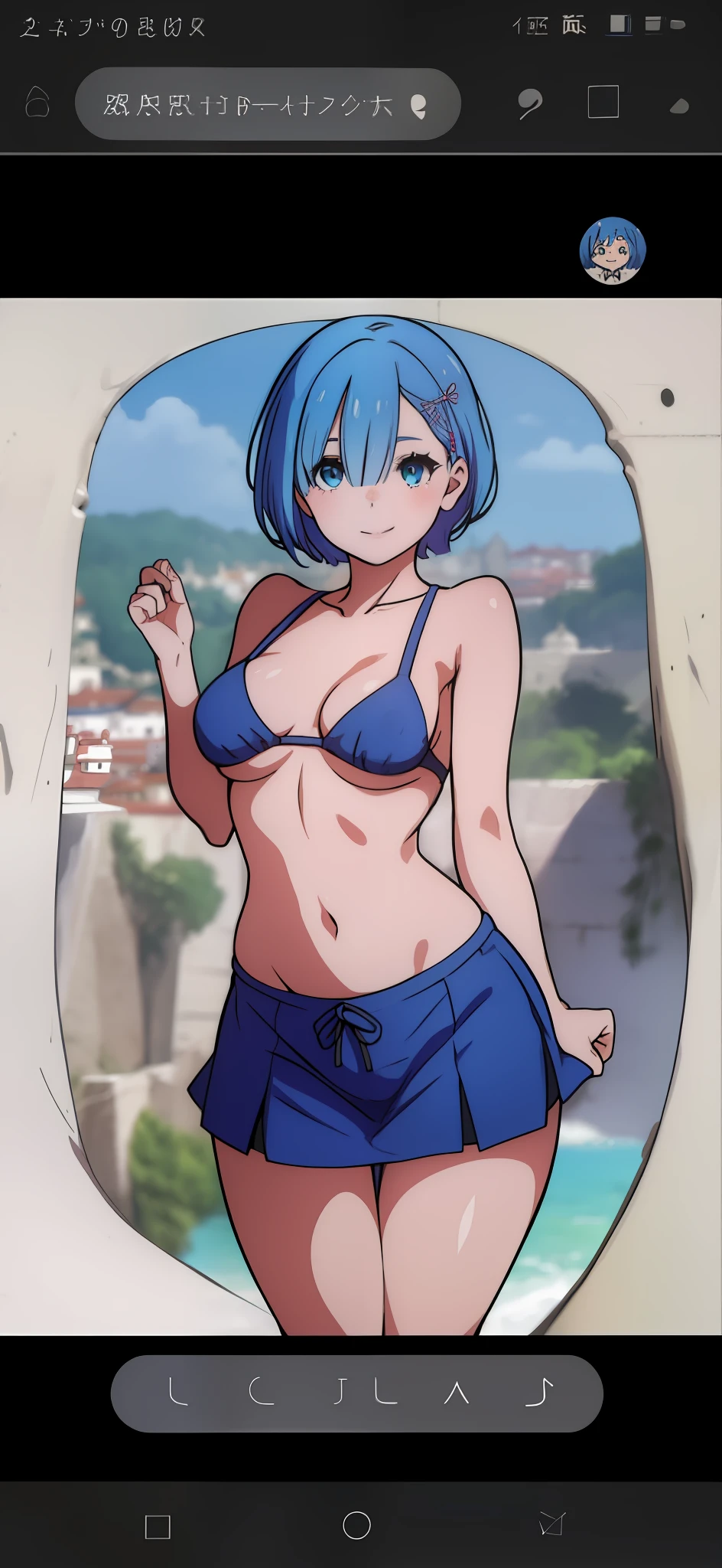remrezero, 1girl, solamente, senos, Mirando al espectador, sonrojarse, They are smiling, pelo corto, ojos azules, adorno para el cabello, cinta, cabello azul, al aire libre, Mangas separadas, Pelo sobre un ojo, Sirvienta, tocado de sirvienta, x adorno para el cabello, cinta rosa, roswaal mansion maid uniform, fondo de la foto