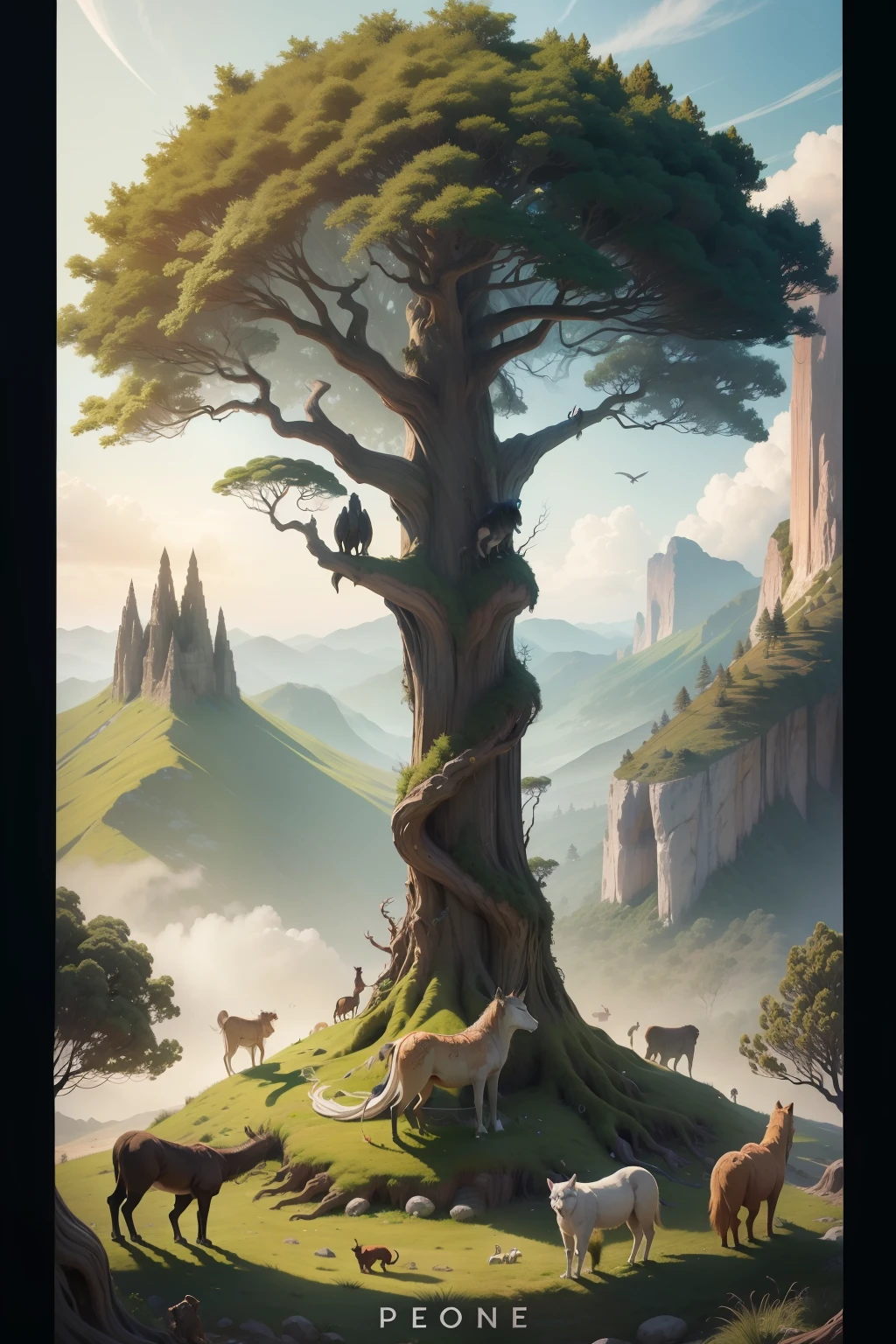 arvore da vida, with various animals carved into the bark of the tree, Showing the diversity of life and evolution. Pegadas ao redor
