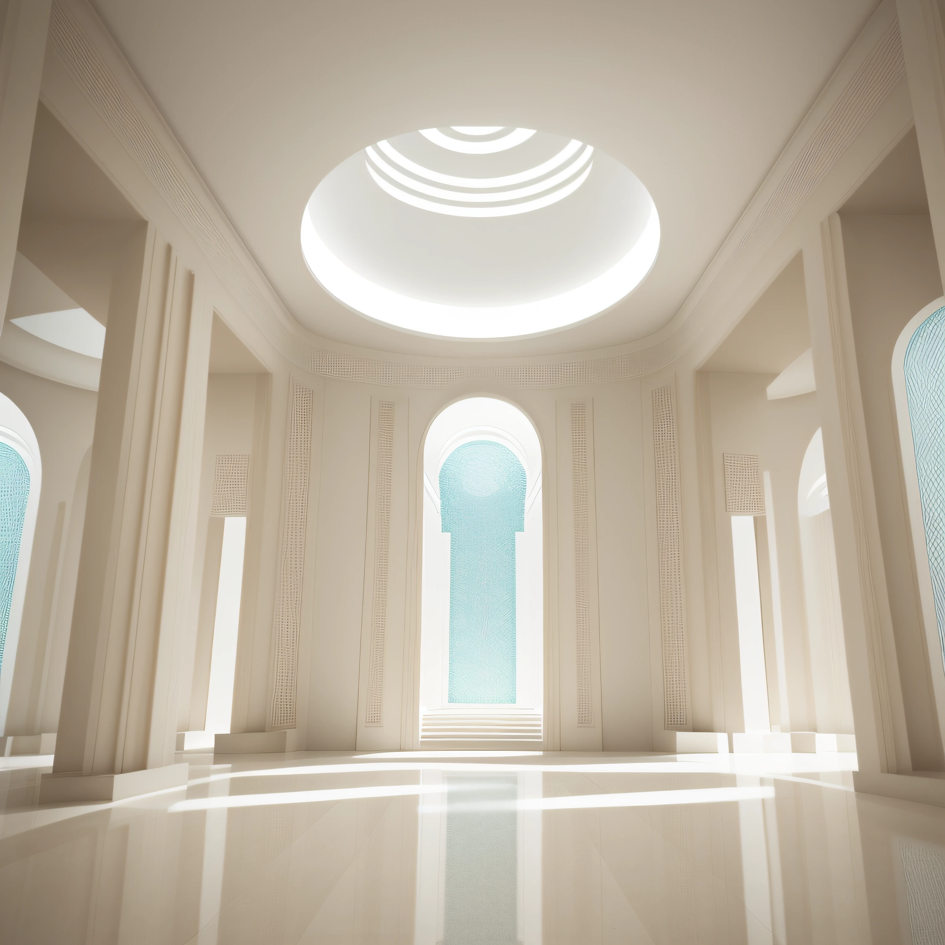 interior de palacio de marmol blanco con estilo de arquitectura futurista geometrica art deco , vista de camara frontal, camara con lente 50 mm