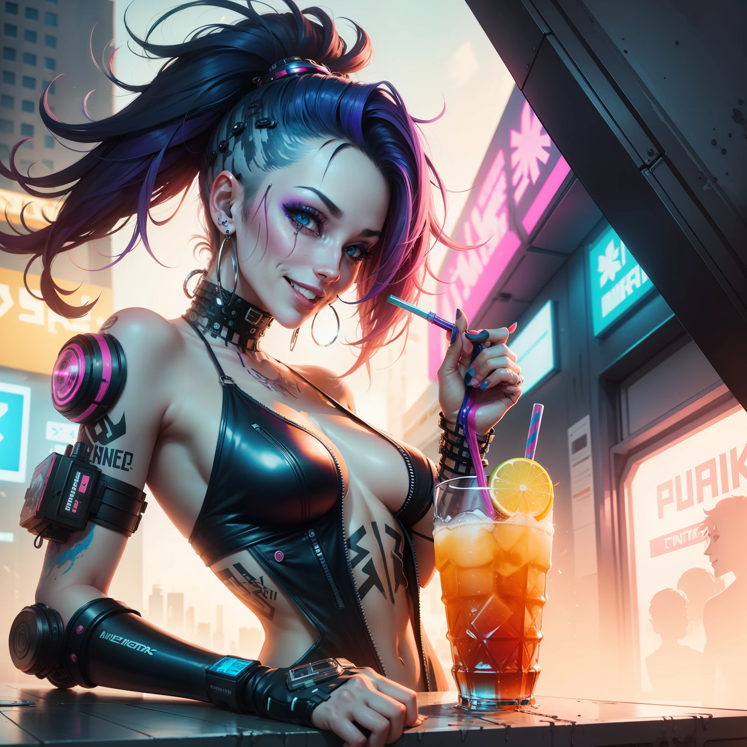 drink, smile, eat, repeat, watercolor, inkpunk, cyberpunk. mixpunk, vibrant colors, dynamic angles, ultra detailed, 8k,