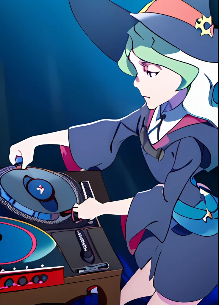 "A solo shot featuring DianaCavendish, long hair, DianaCavendishBase, blue robe, boots, collared shirt, long sleeves, wide sleeves, witch hat a DJ, showcasing her skills on the turntables at a vibrant rave." LWA