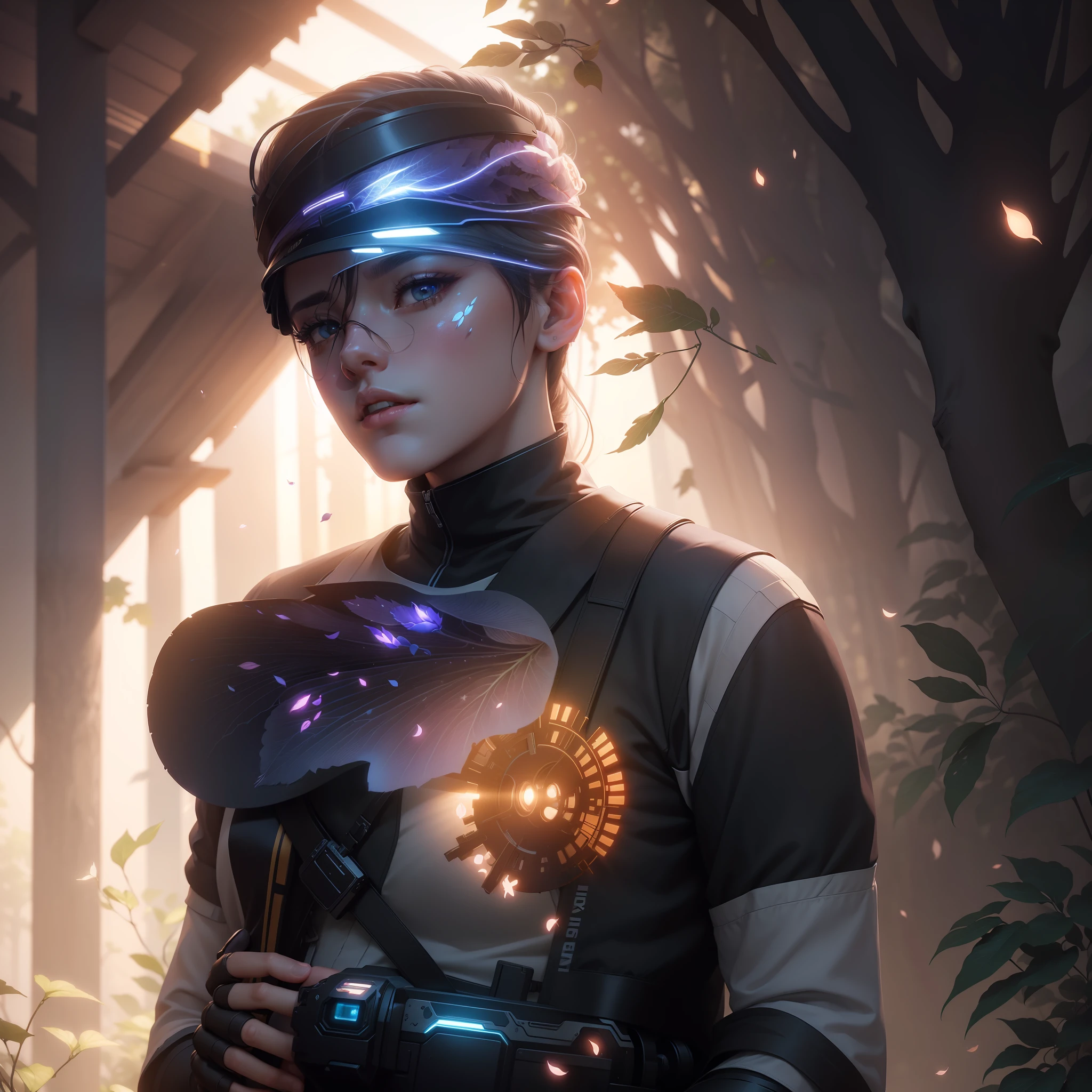 Masterpiece, best quality, (very detailed CG unity 8k wallpaper) (best quality), (best illustration), (best shadows) Nature's delicate leaves petals of various colors falling in the air light Tracking, super detailed cyberpunk --v6