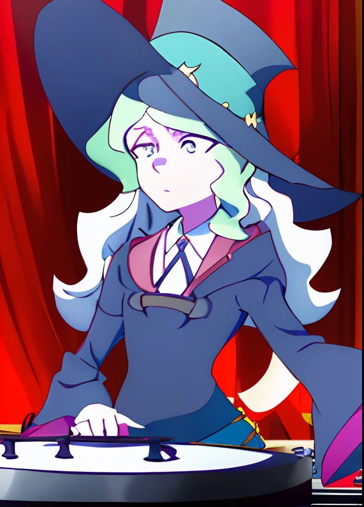 "A solo shot featuring DianaCavendish, long hair, DianaCavendishBase, blue robe, boots, collared shirt, long sleeves, wide sleeves, witch hat a DJ, showcasing her skills on the turntables at a vibrant rave." LWA