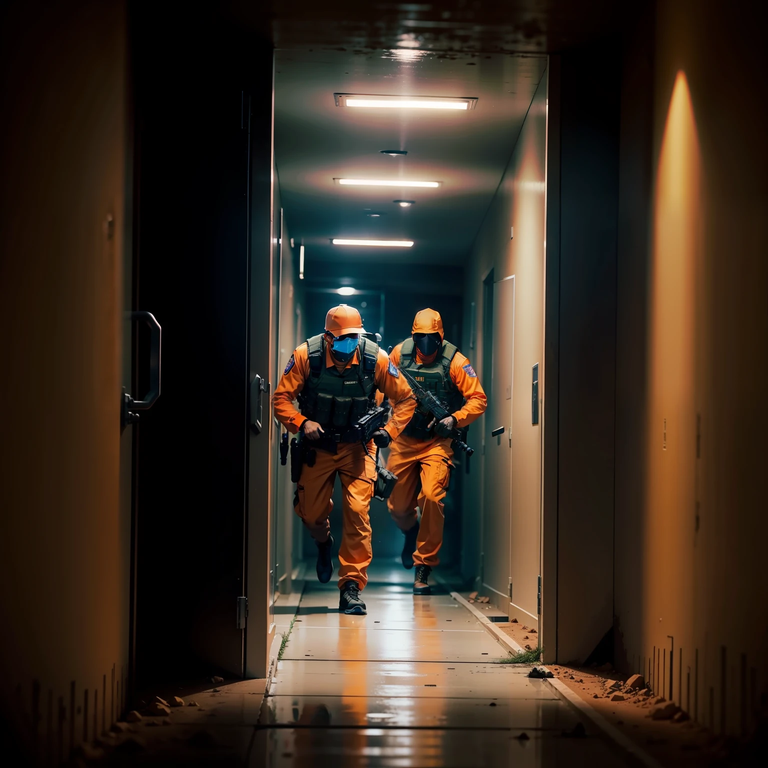 Male tall and thin felons in orange prison uniform escaping from a dimly lit underground facility A SWAT officer shoots at him