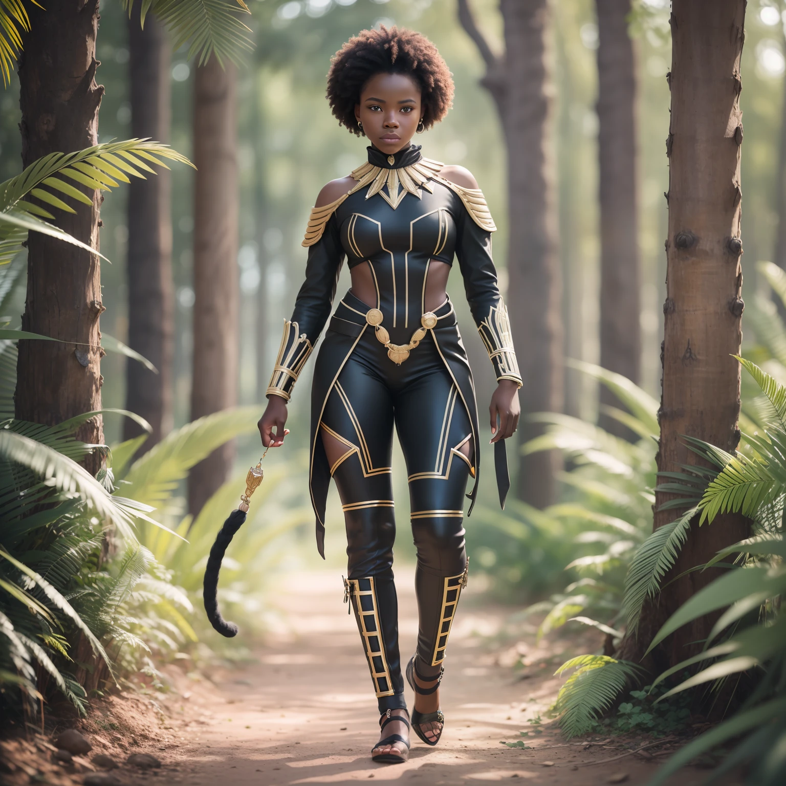 Raw photo, of  African black war girl standing close to her black panther, wearing its war suit, perfect face features, perfect eyes, hopeful, wearing African war suits, sun light, volumetric lighting, sun rays, detailed shadows, nature, outdoor, hasselblad X2D 100C, hasselblad XCD 80mm f/1.9 lens, depth of field, bokeh, film grain, sharp focus, photorealistic, masterpiece, intricate details, high contrast, 8k, UHD, HDR, high-res, absurdres, award winning photography, modelshoote, fashion photography, best composition, rules of third, Full body shot