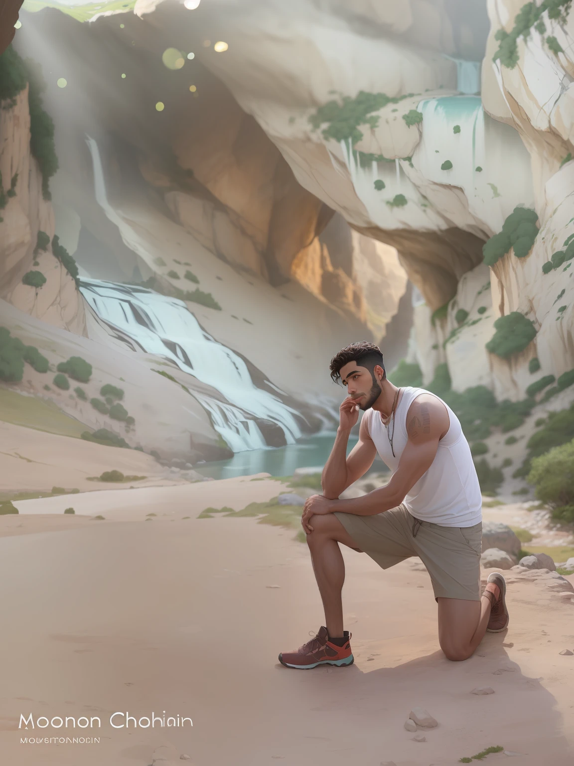 there is a man kneeling on a dirt road with a frisbee, in a cave with the waterfall, beautiful man, in a cave, sitting cutely on a mountain, with mountains in the background, sitting on a rock, standing in a grotto, sitting on rocks, mohamed chahin, in a scenic background, in the mountains, handsome man, in mountains