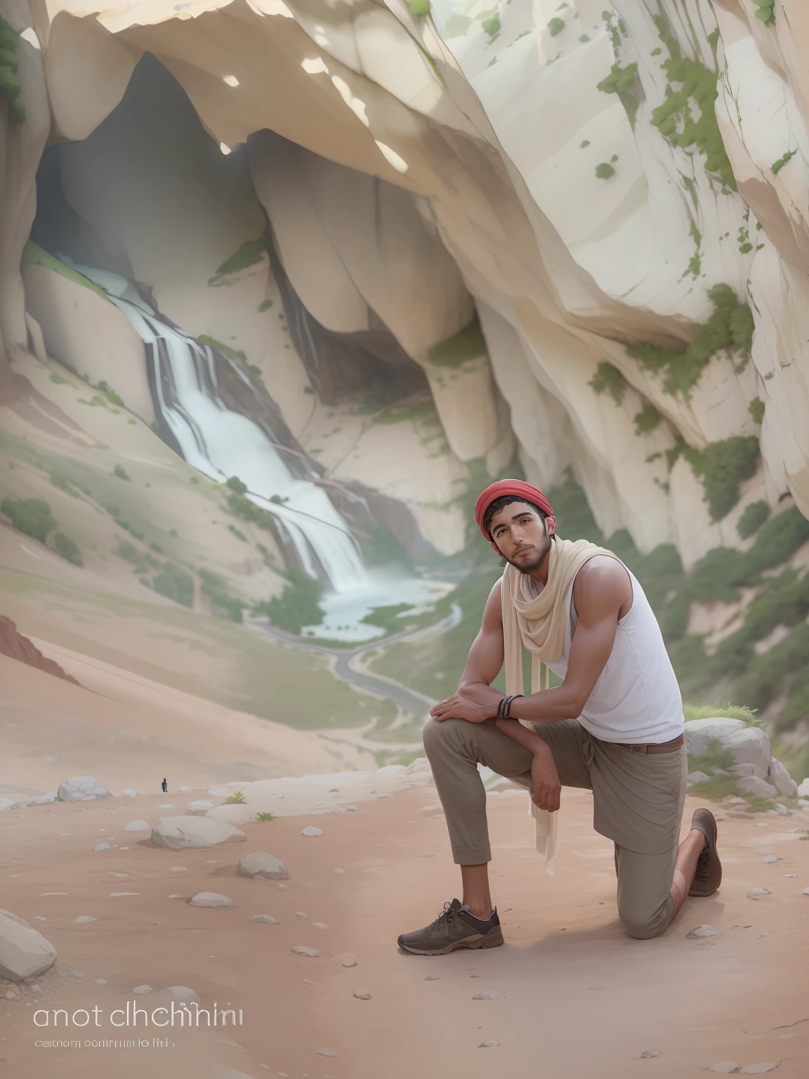 there is a man kneeling on a dirt road with a frisbee, in a cave with the waterfall, beautiful man, in a cave, sitting cutely on a mountain, with mountains in the background, sitting on a rock, standing in a grotto, sitting on rocks, mohamed chahin, in a scenic background, in the mountains, handsome man, in mountains