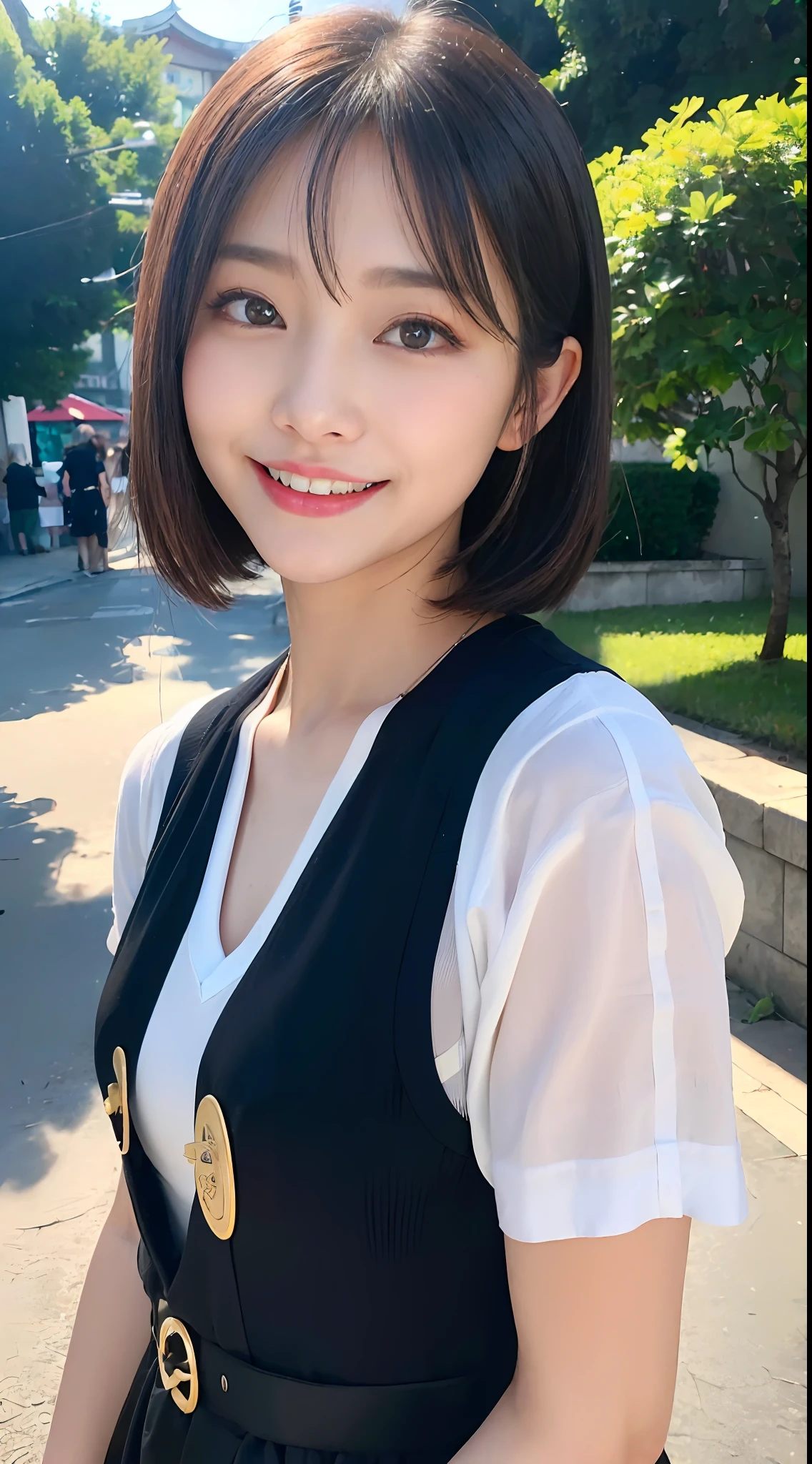 (8K、Raw photography、Photorealsitic:1.9、超A high resolution、Top image quality、absurderes、hight resolution、masterpiece:1.5)、1 persons、独奏、short-hair、Beautiful hair、blue eyess、(Dark Lip Gloss、lipsticks(Rosepin Clip:1.4)、Eye lashes、Jet black eyeshadow、Teary-eyed、high-level image quality、hight resolution、depth of fields、chromatic abberation、Sunshine、japanes、25 years old women)、((A smile))、耳Nipple Ring