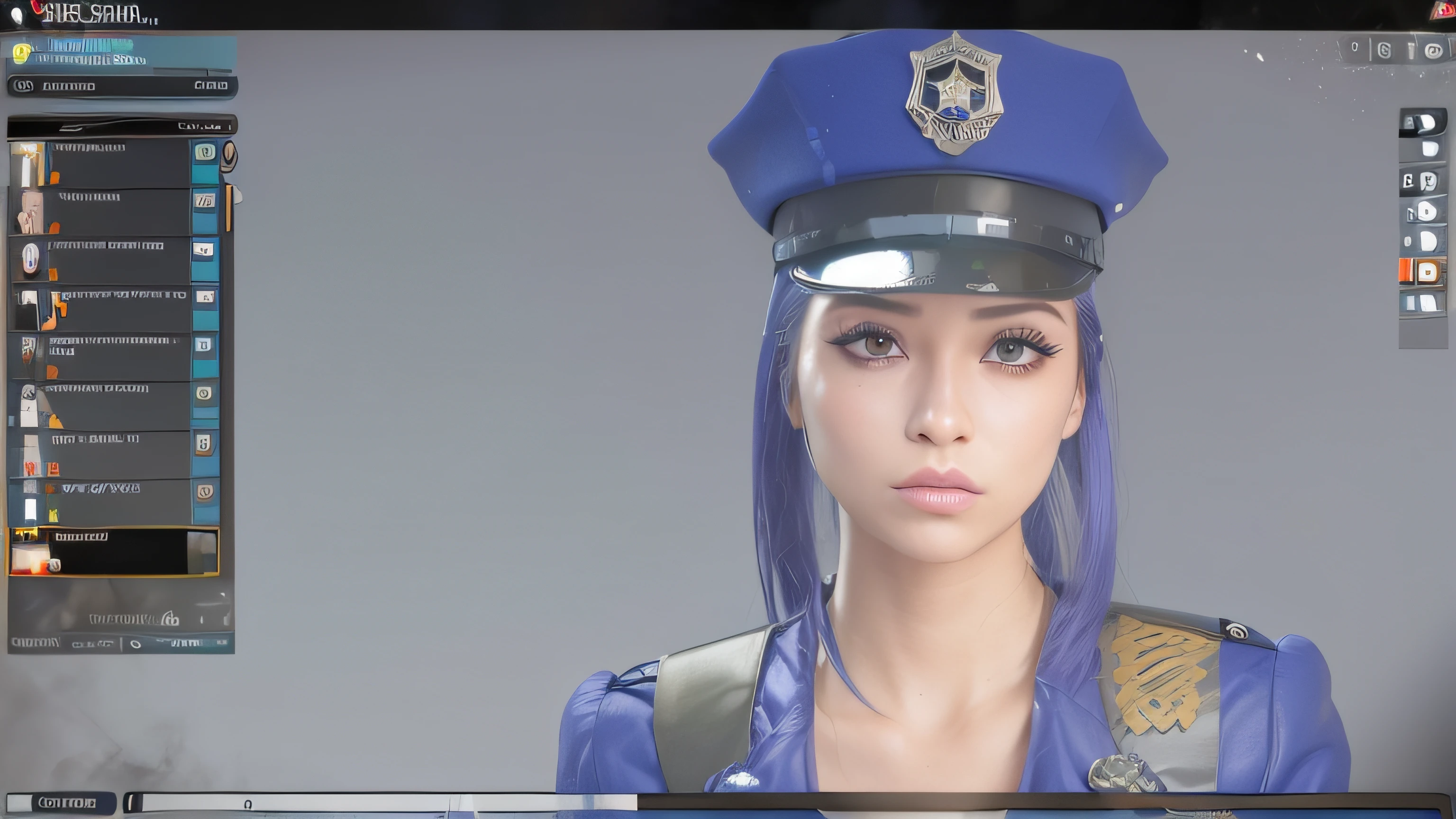 a closeup of a person wearing a uniform and a hat, traje: soprar, policial, modelado em poser, oficial, Bravo policial J Decker Face, Closeup do policial, vestindo uniforme policial, police, Avatar do Second Life, xerife feminino, Personagem close up, Personagem de close up, no jogo, close up tiro de meio corpo, police cap, police uniform