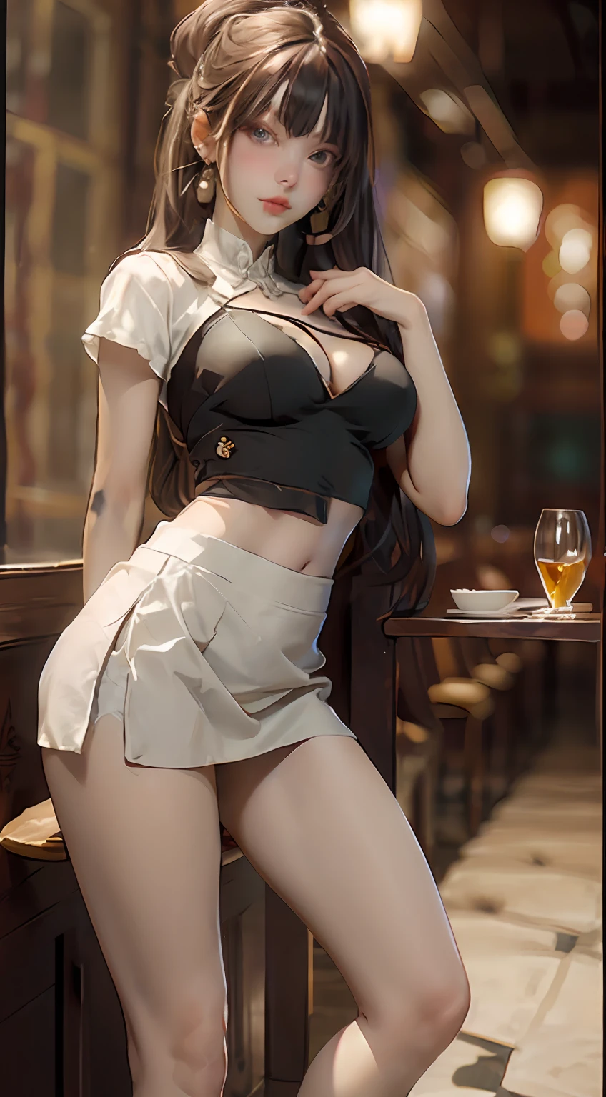 eating dinner, dinner in a restaurant, night time, pasta on table, black color pants, white color top, head and full body, Extremely cute human eighteen year old girl, bare legs, very beautiful and feminine, short, petite, beautiful breast, small, busty buttocks, large bust, large breast, bare legs, bare legs, cleavage display, split skirt, flat belly display, detailed eyes, detailed nose, super detailed on face, partial accessory with earring on the ear, very stylish, award-winning product design, tights, split skirt, bare legs, Shiny breast top opens at the cleavage and abdomen, stylish, glowing trims, atmospheric perspective, 8k, super detail, Accurate, best quality,