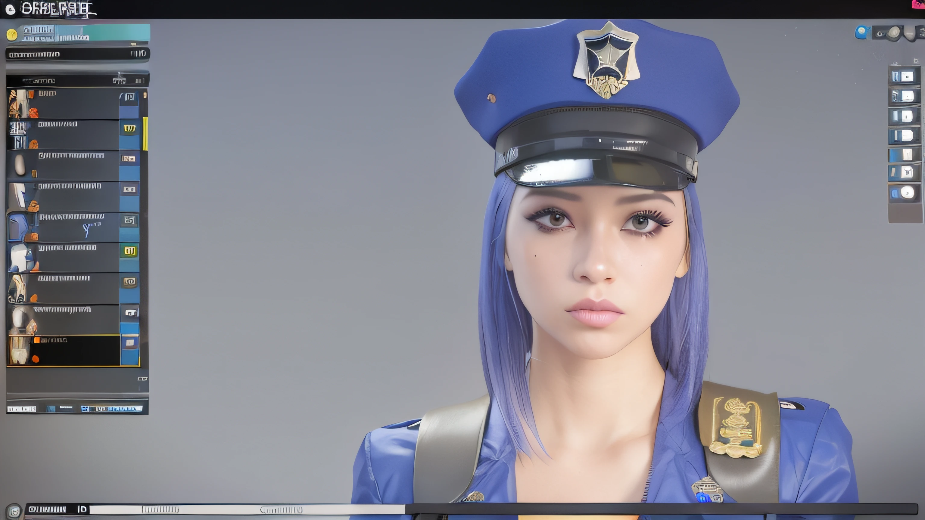 a closeup of a person wearing a uniform and a hat, traje: soprar, policial, modelado em poser, oficial, Bravo policial J Decker Face, Closeup do policial, vestindo uniforme policial, police, Avatar do Second Life, xerife feminino, Personagem close up, Personagem de close up, no jogo, close up tiro de meio corpo, police cap, police uniform
