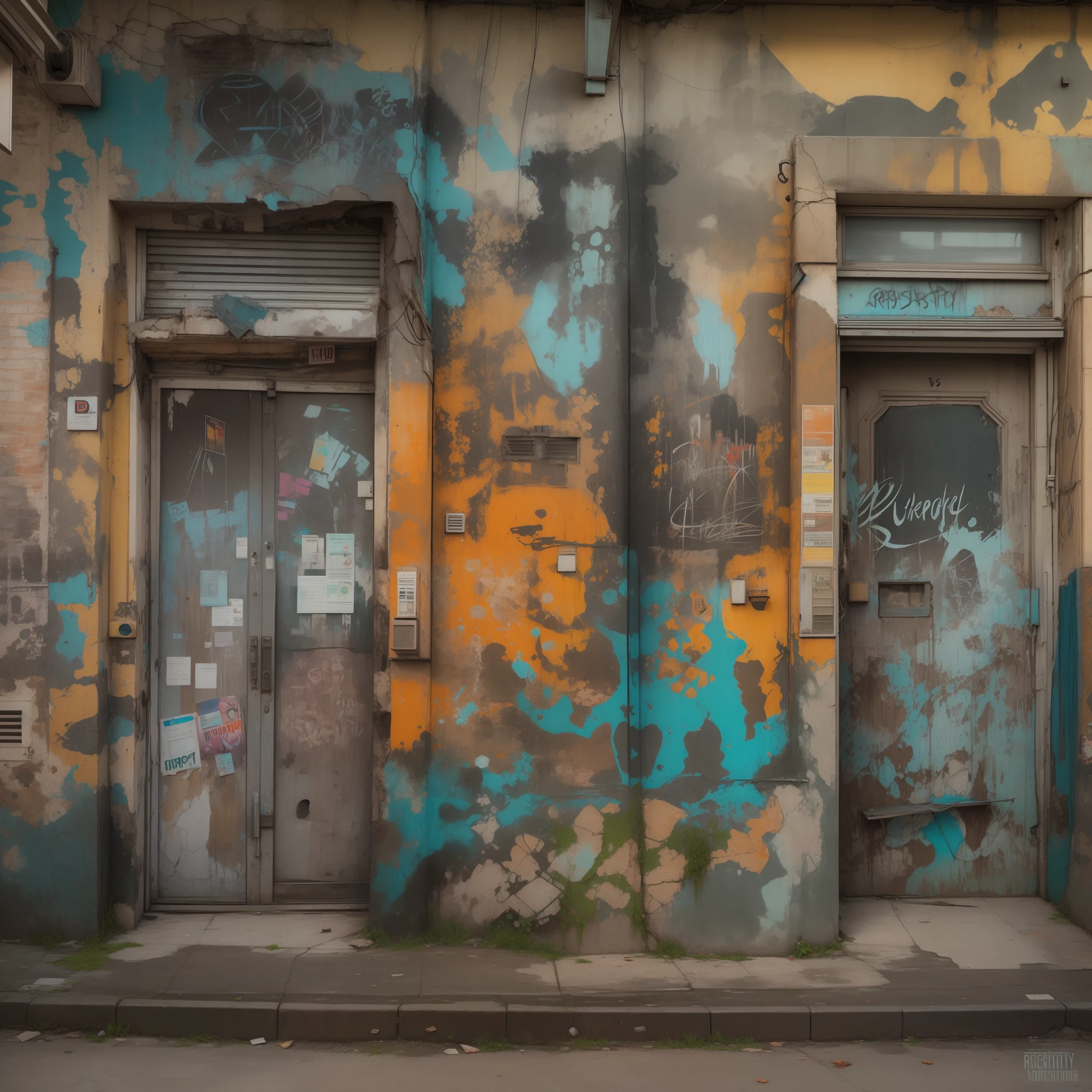 "urban decay, vibrant street art, gritty atmosphere"