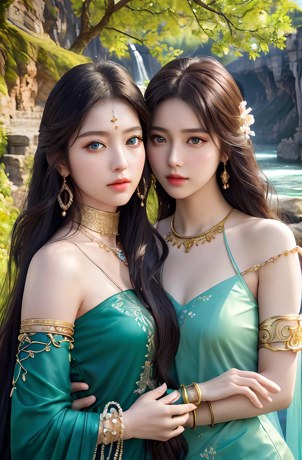 ((Realistic:1.5)),Ulzzang-6500:0.7,((Best quality)), ((Masterpiece)),((Detailed)),2girls,duo,{2 beautiful women}, (Upper body:1.3),Hug and touch each other, Tease your friend's waist, Breathless friends, Biting a friend's earlobe, crouched,super wide shot,Face focus, Long legs,Curvy, Barefoot,Wide hips, Thin legs, Oversized eyes,Long eyelashes, (Detailed face,beautidful eyes, detailedpupils,detailed clothes features, Clear background:1.3), (armlets, bangle:1.3), Mysterious ancient ruins, floresta exuberante, Deep canyon,bridge,River,cliff,Cloud,lakes,Rock music,Waterfalls, Flowers, Grass,grape trees,tree,bright detail,Sharp,Perfect compounding, Intricate, Sharp focus, Dramatic,