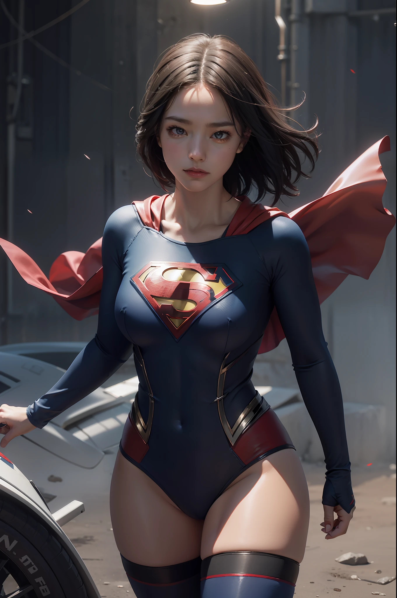 Supergirl,Superman's silicone tights,suspended in mid-air,In the background are the sky,Face me,Show your body,Fly in the air,Superman's tights are tight, Grainy,huge tit,Short black hair with short hair,Dark blue clothes and red cloak,Suspended in the air,Background Shine,Dark blue and red mixed tights,hdr(HighDynamicRange),Ray traching,NVIDIA RTX,Hyper-Resolution,Unreal 5,Subsurface scattering、PBR Texture、post-proces、Anisotropy Filtering、depth of fields、maximum definition and sharpness、Many-Layer Textures、Albedo e mapas Speculares、Surface coloring、Accurate simulation of light-material interactions、perfectly proportions、rendering by octane、Two-colored light、largeaperture、Low ISO、White balance、the rule of thirds、8K raw data、